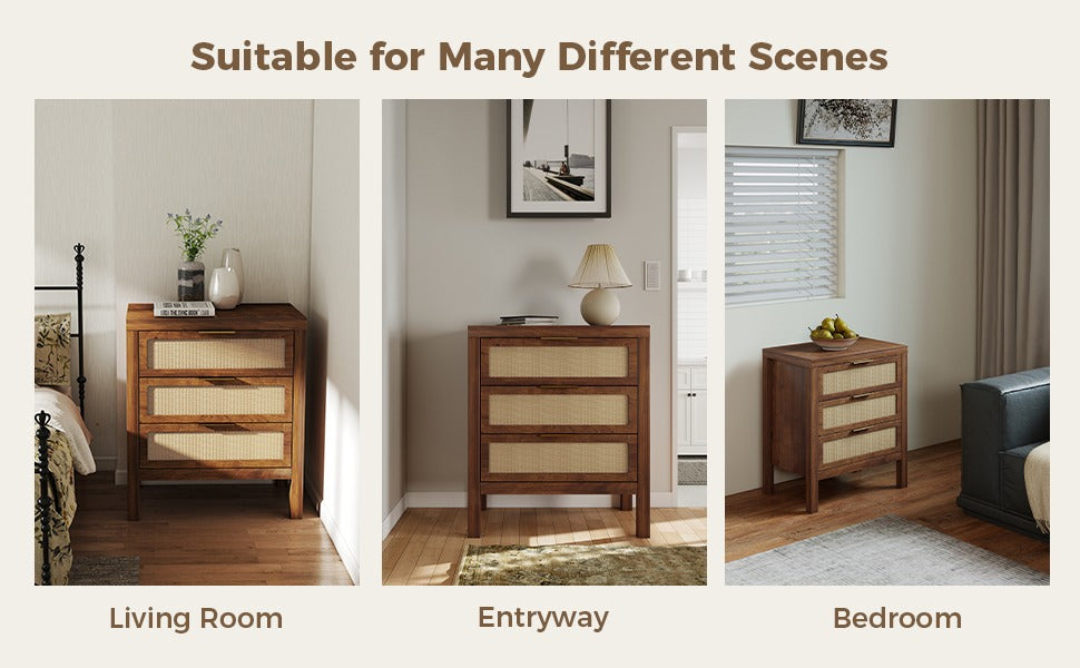 KOLIGEY Bedside Table 3 Layers Large Capacity Drawer Design Multifunctional Wooden Night Stand for Bedroom Walnut color
