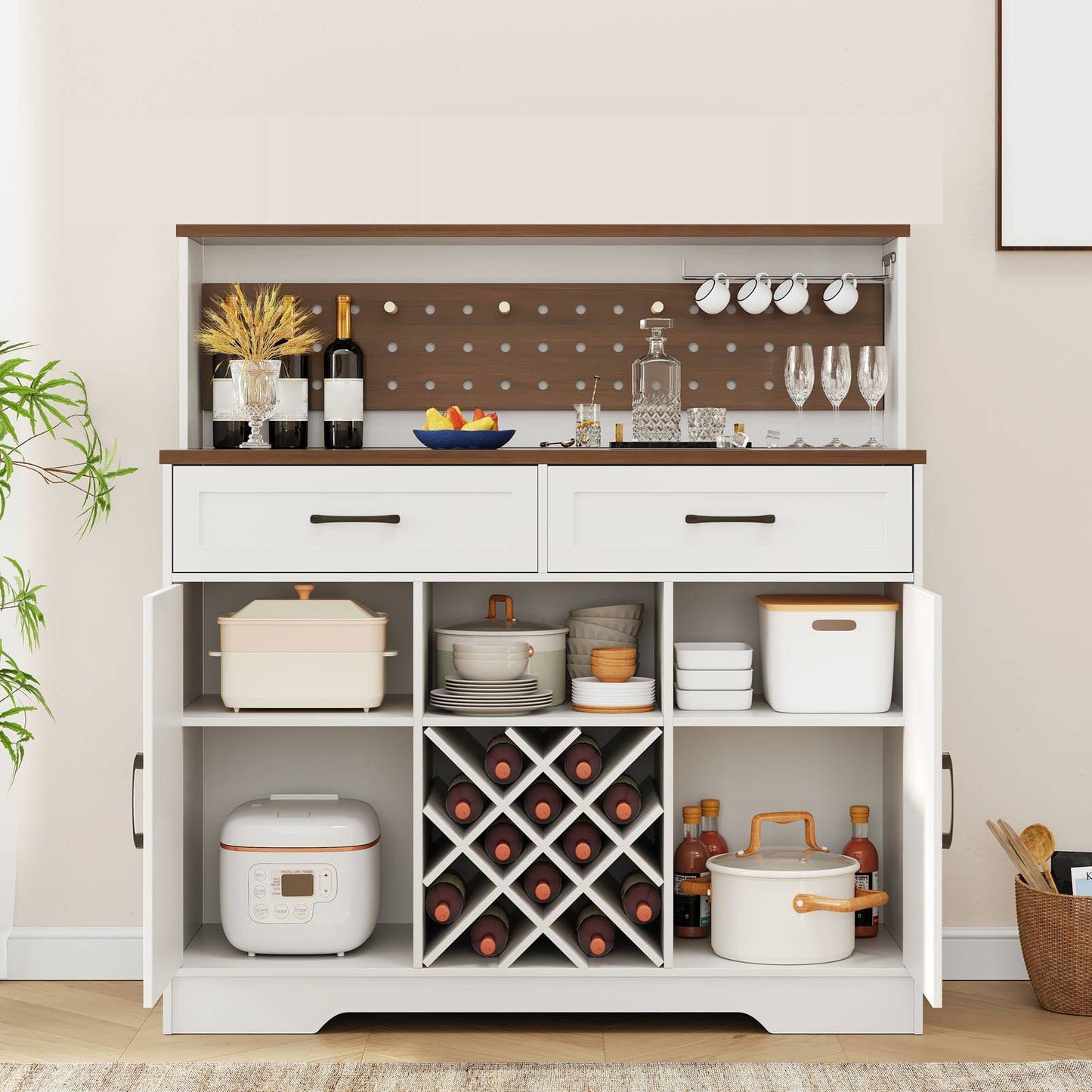 Two-door, three-drawer high-sideboard cabinet 01 US standard, dark walnut panel with white cabinet body