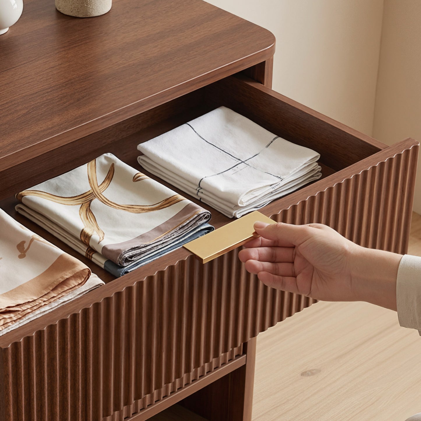 Wooden Cabinet with 3 Drawers Wavy Pattern Modern Bedside Cupboard Dressing Table for Bedroom 78CM Long Walnut Color
