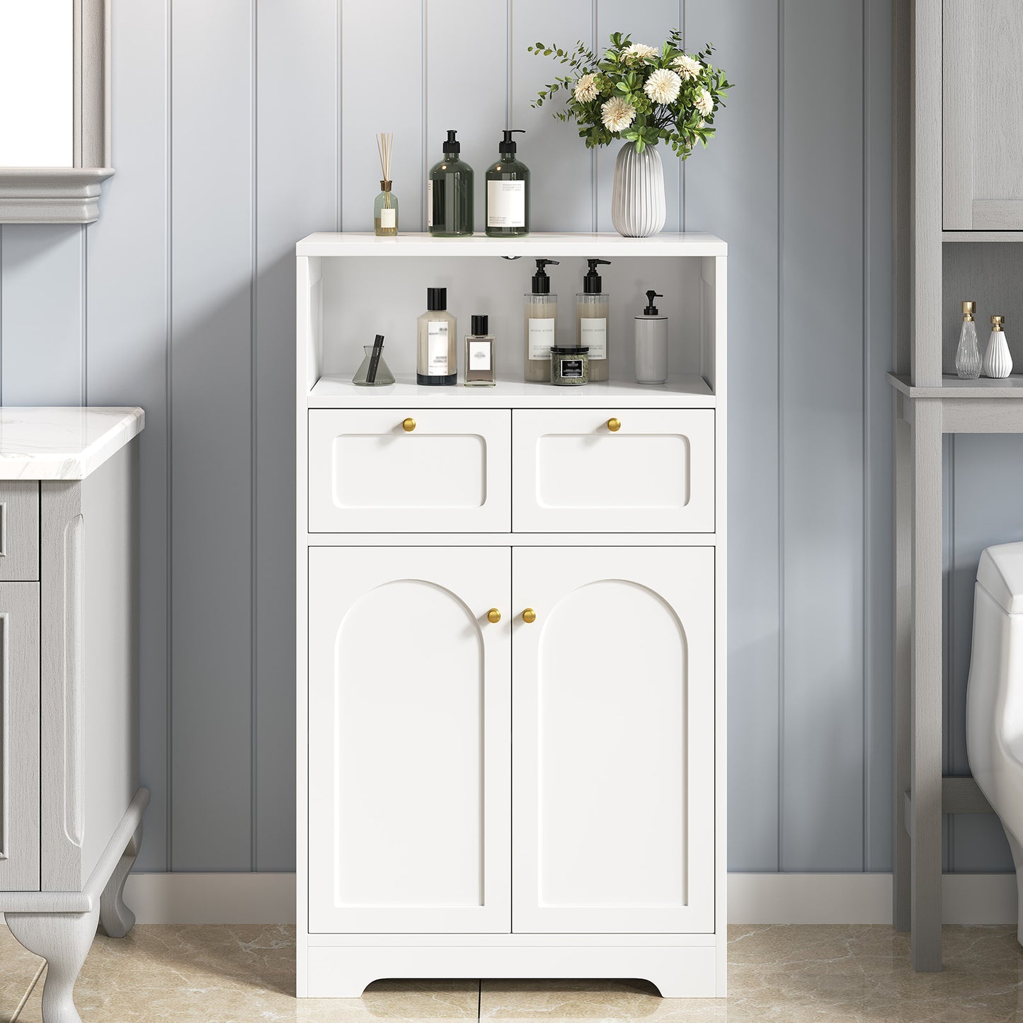 Modern Bathroom Floor Cabinet with Open Shelf 2 Doors 2 Drawers Storage Cabinet Cupboard for Living Room Kitchen Home Office White