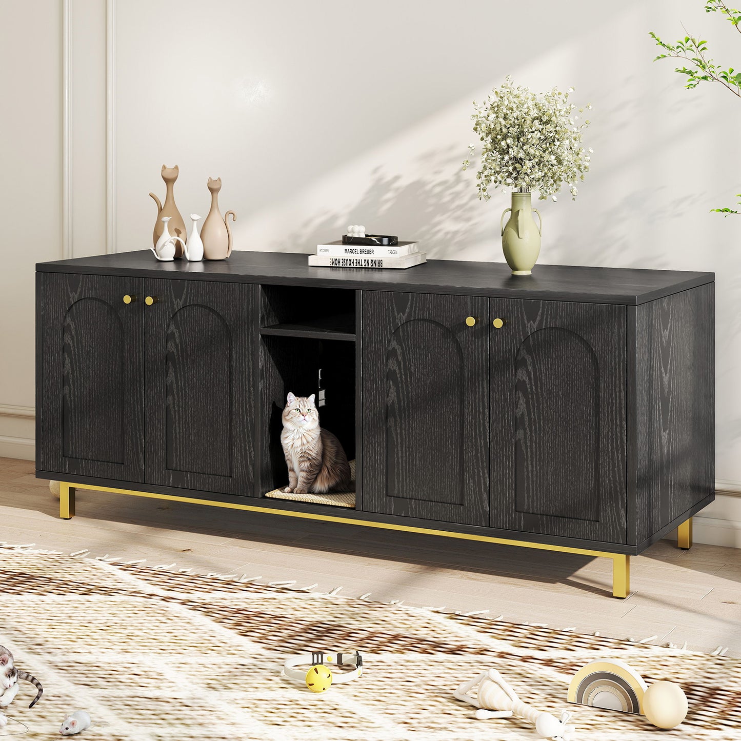 Cat Litter Box Enclosure Black Color Large Capacity Double Magnetic Door Design Litter Box Furniture Enclosure Cabin with Scratching Pad
