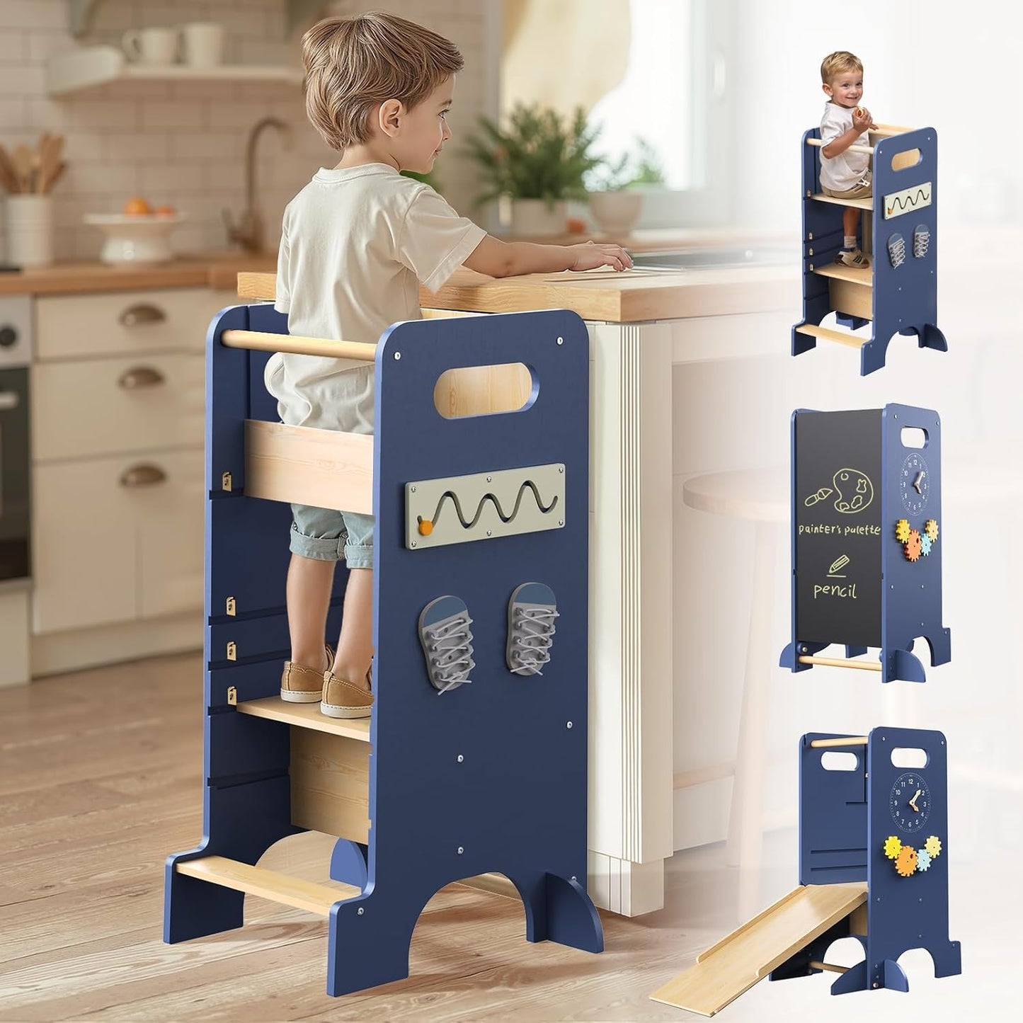 KOLIGEY Toddler Tower 4-in-1 Multifunctional Kitchen Stool Helper with Removable Safety Board, Adjustable Heights