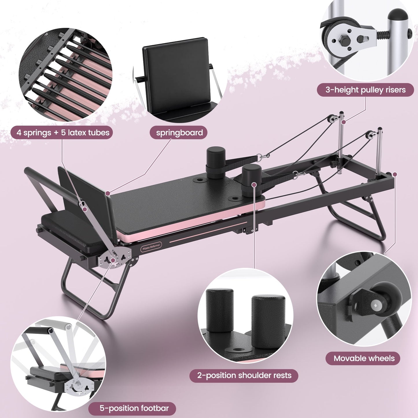 Foldable Pilates Equipment for Home Gym - Pilates Reformer Machine for Home Workouts, with Jump Board, Additional 4 Springs