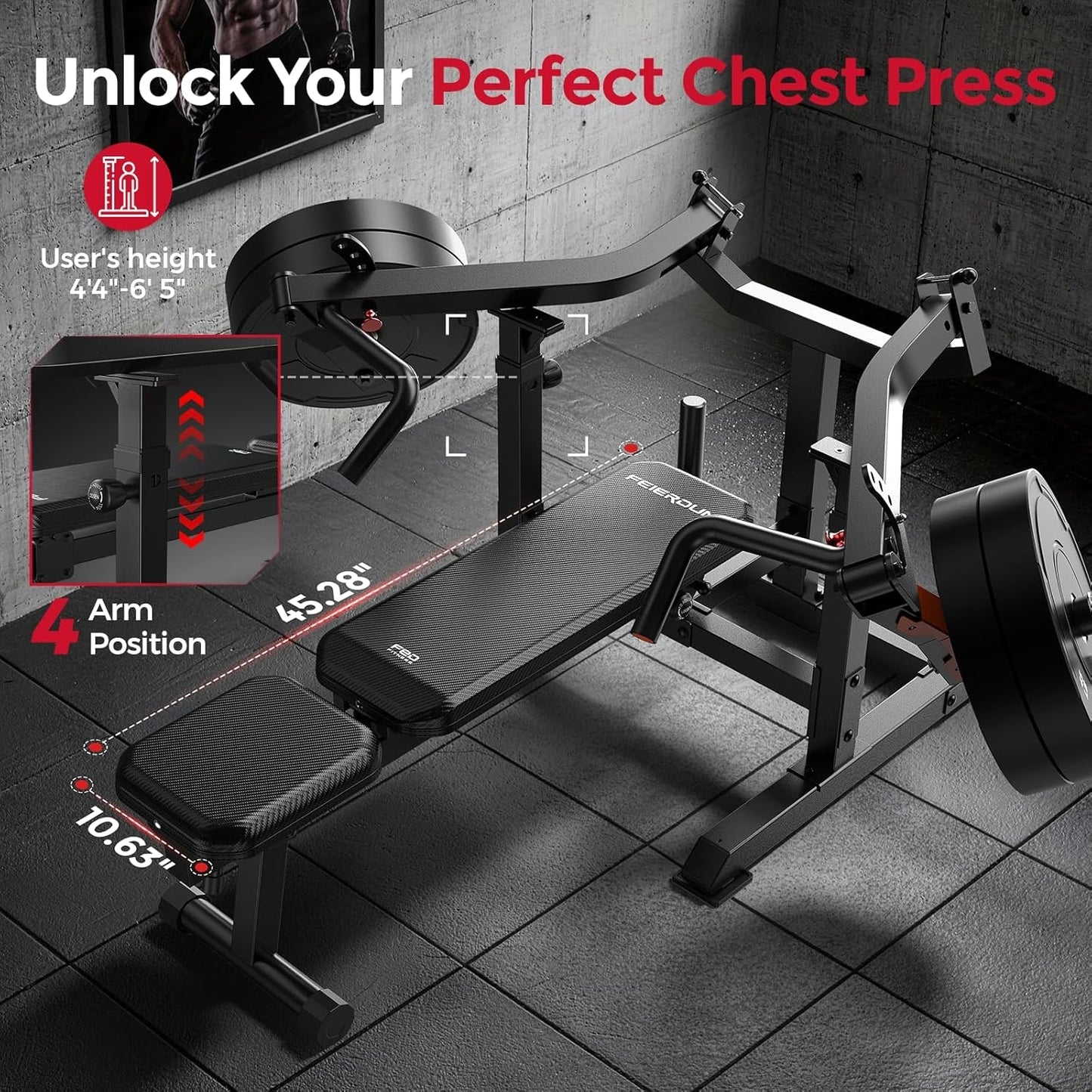 FED FITNESS Strength Studio Chest Press Machine – Converging Arms,4-Position Adjustable Lever Arms,Home Gym Strength Training Equipment