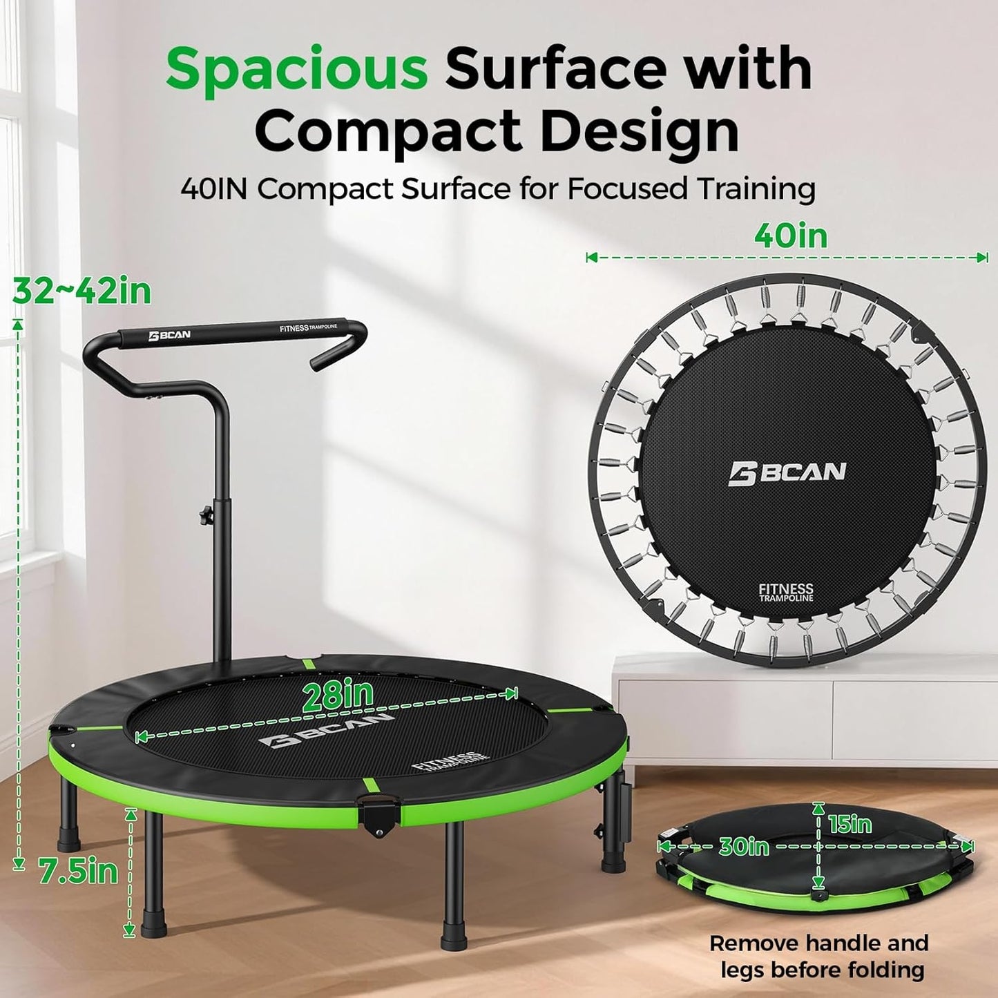 BCAN 40" Foldable Mini Trampoline, Rebounder Trampoline for Adults, Adjustable Handle, Exercise Rebounder for Adults Indoor/Garden Workout, Max Load 330lbs