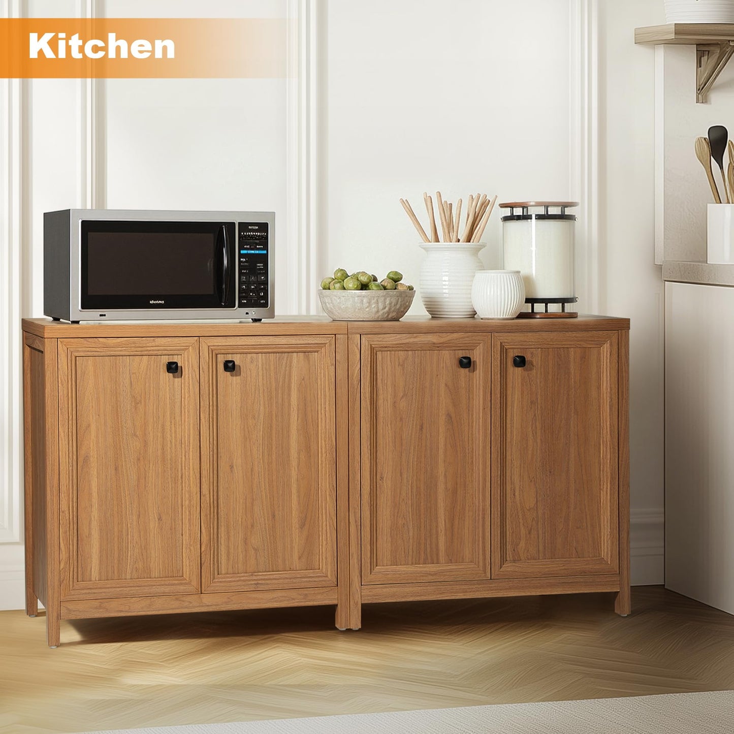 Buffet Cabinet Sideboard Pantry Kitchen Cabinet with Extra Thick MDF Panel Frame, Credenza Cabinet for Kitchen Living Room Entryway, Natural Walnut (2 Doors)