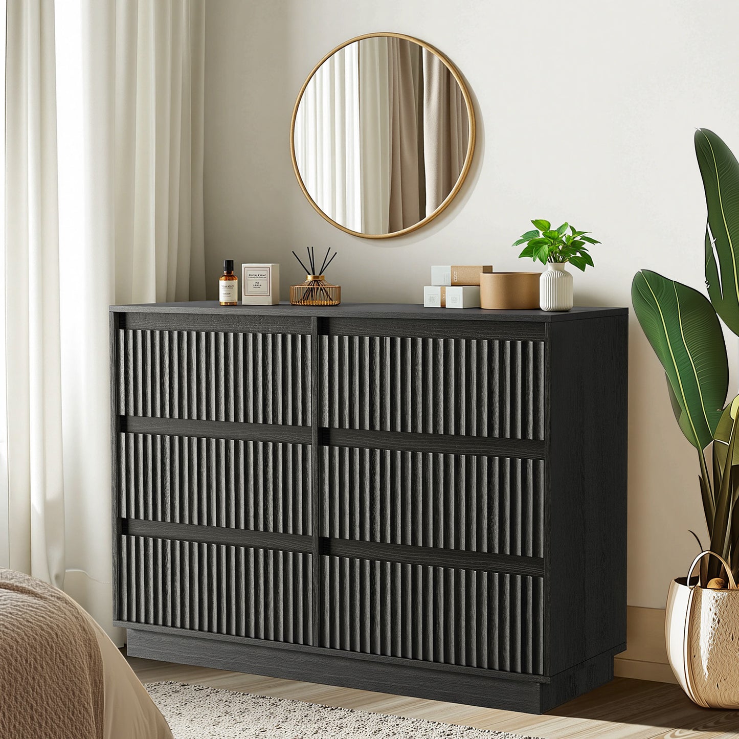 KOLIGEY 6-Drawer Dresser 47"W Double Dresser With Waveform Fluted Panel