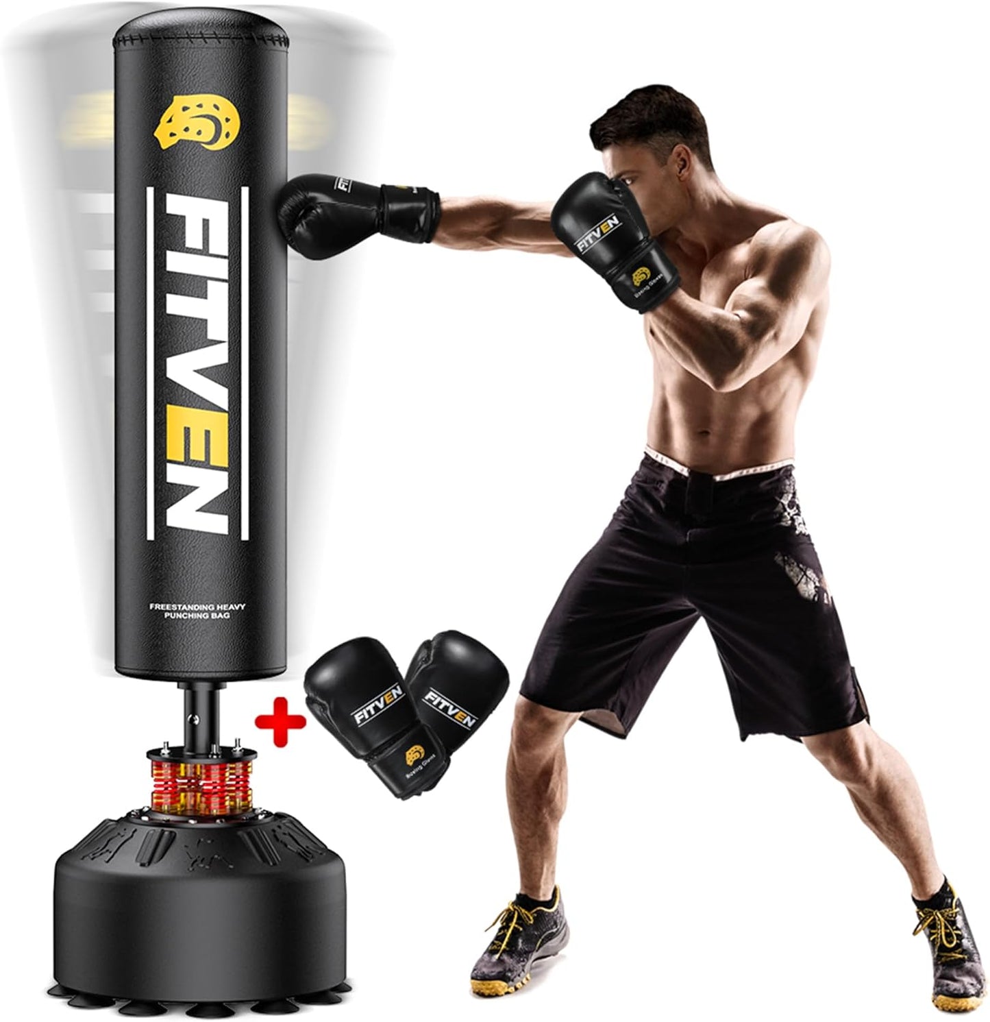 FITVEN Freestanding Punching Bag with Boxing Gloves Heavy Boxing Bag with Suction Cup Base - Men Stand Kickboxing Bag