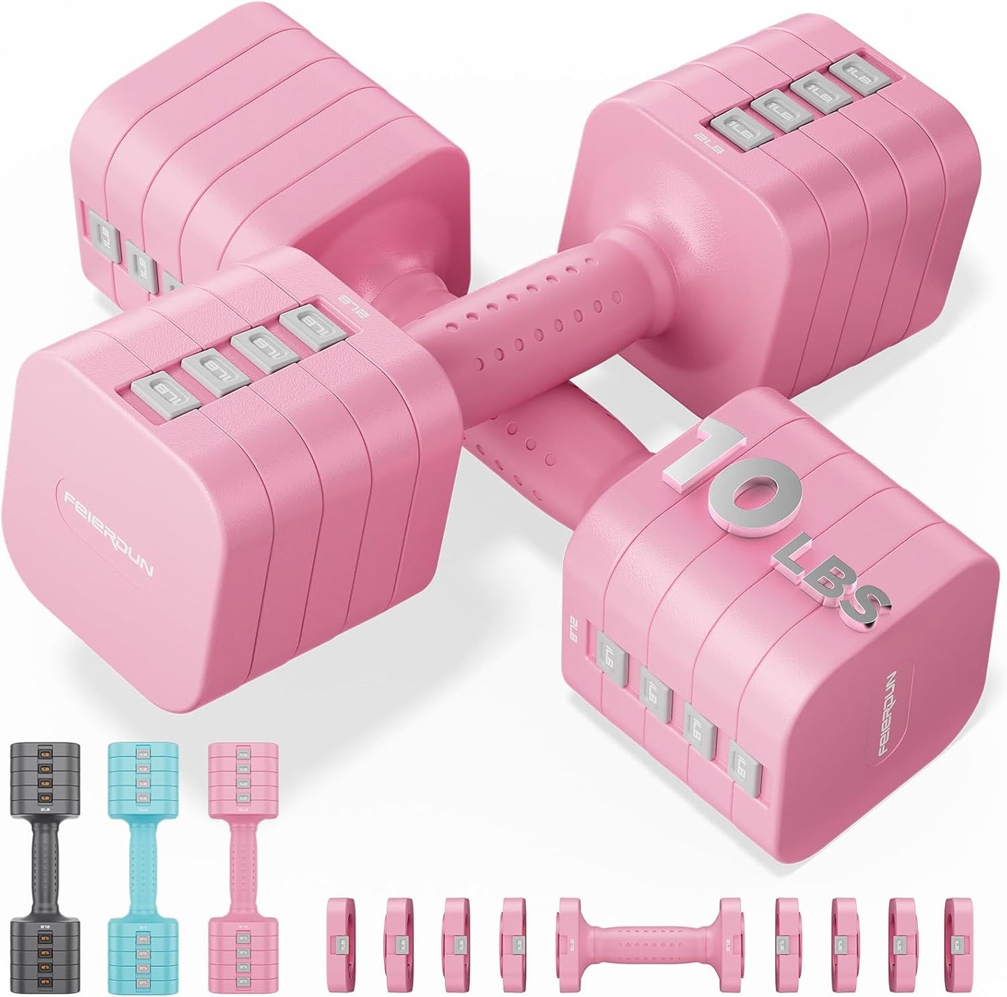 FEIERDUN 5-in-1 Adjustable Dumbbell Set of 2, 20LBS/10LBS Hand Weights for Women, 1s-Adjust Dual-Stable Dumbbell Set for Women Home Gym & Outdoor