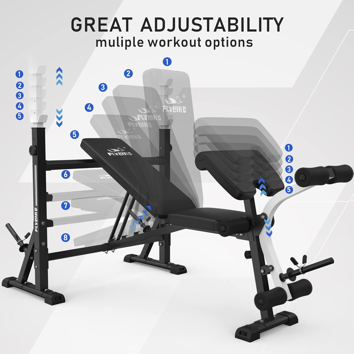 FLYBIRD Olympic Adjustable Weight Bench, with Bench Press Rack, Leg Extension and Leg curl, for Home Gym Workout