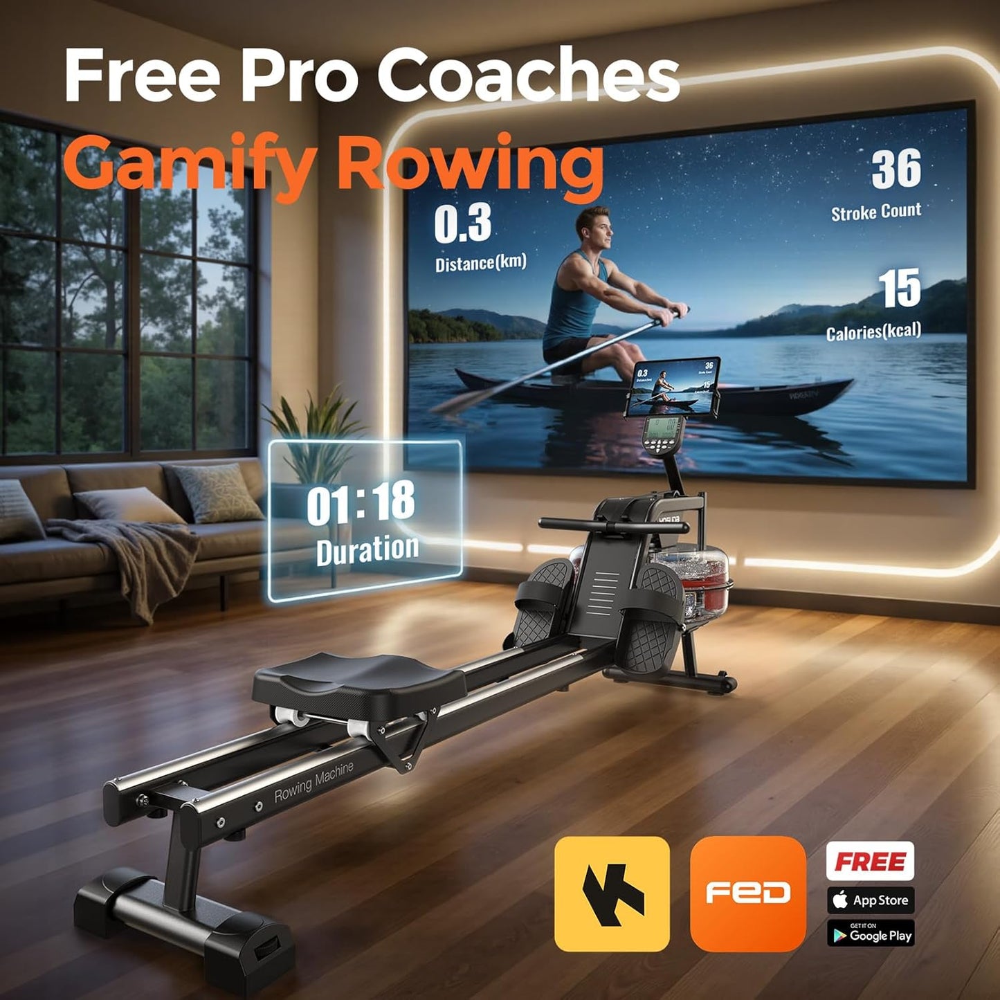 YOSUDA Water Rowing Machine for Home - Rower Machine Use with Bluetooth, App Supported, Rowing Machine for Taller Power Athletes