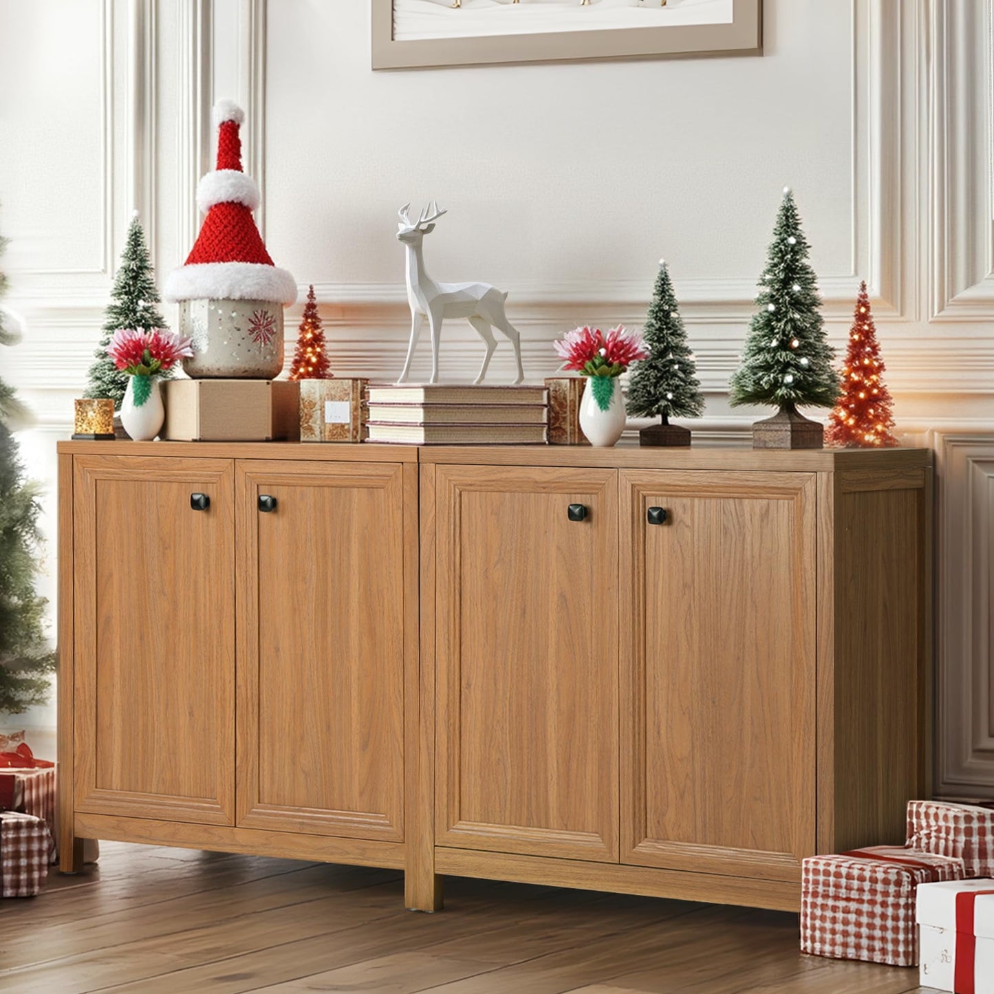 Buffet Cabinet Sideboard Pantry Kitchen Cabinet with Extra Thick MDF Panel Frame, Credenza Cabinet for Kitchen Living Room Entryway, Natural Walnut (2 Doors)
