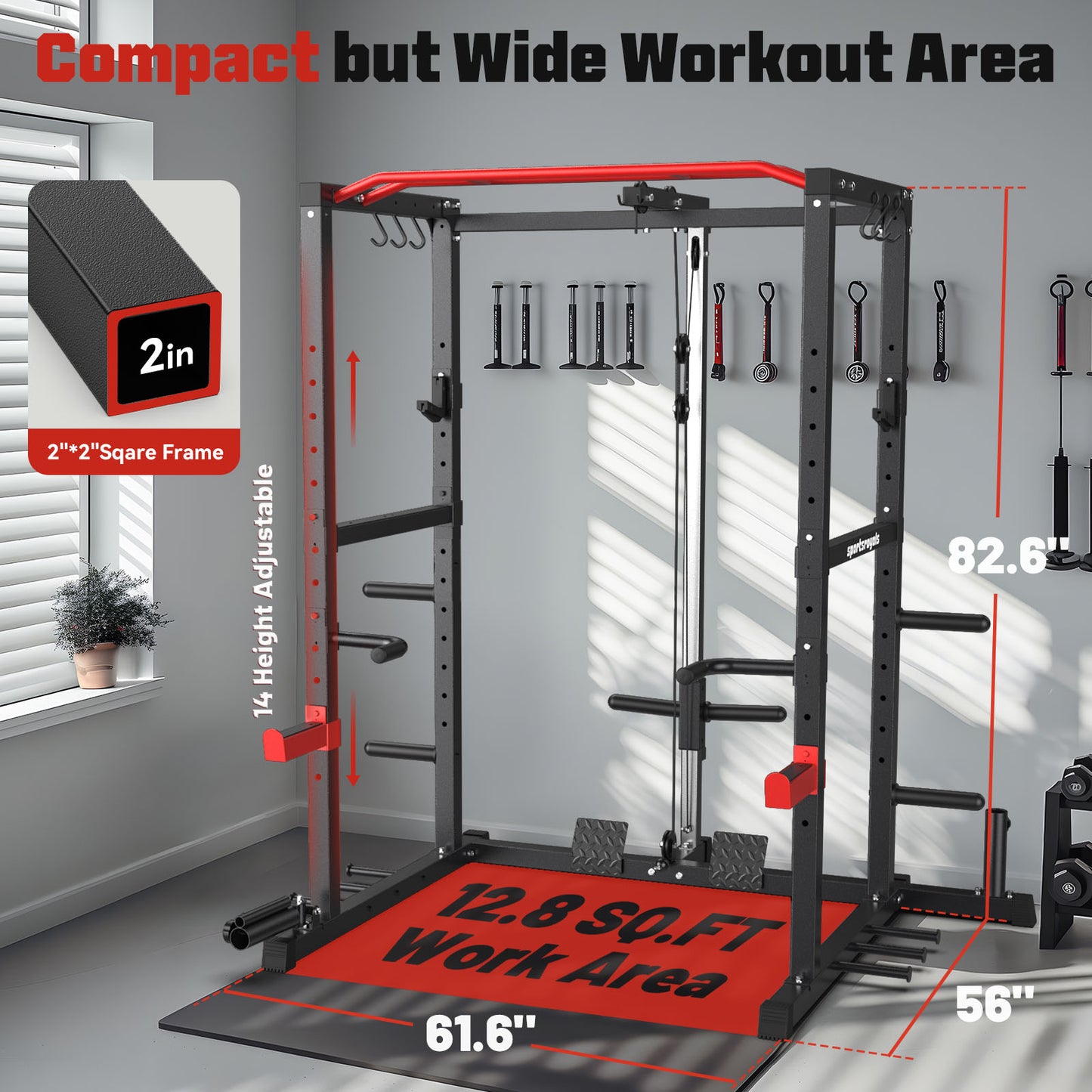 Sportsroyals Power Cage, Power Rack with Adjustable Cable Crossover System, Weight Cage for Home Gym