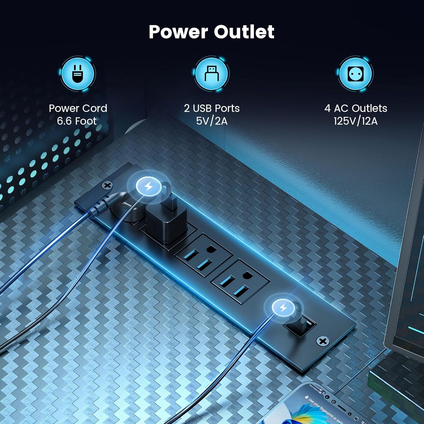 L Shaped Gaming Desk, 63 Inch Computer Desk with Adjustable Stand & RGB Lights, Corner Desk for Power Outlet, Carbon Fiber Texture, Gaming Room