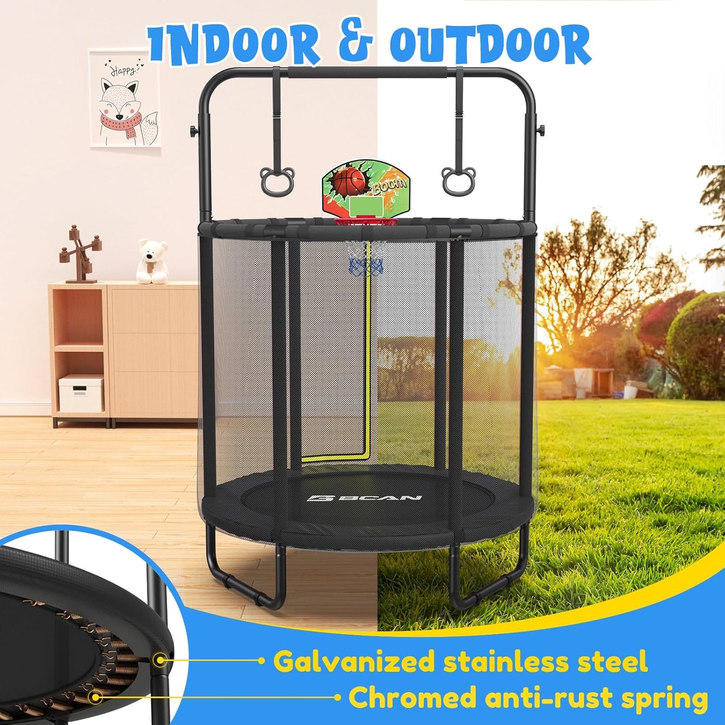 BCAN 55" Trampoline for Kids with Thickened Enclosure Net, Toddler Trampoline Indoor/Outdoor with Adjustable Gymnastics Bars & Basketball Hoop