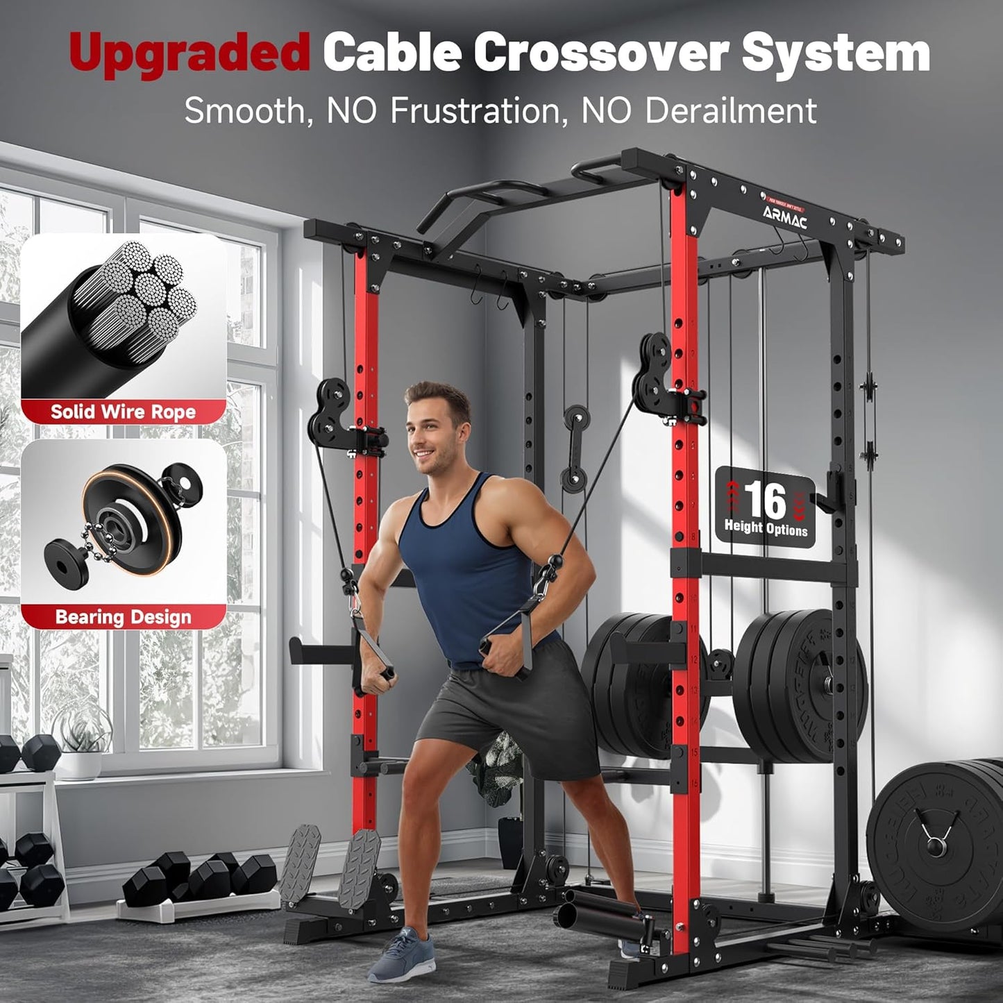 ARMAC Power Cage,Power Rack with LAT Pulldown,Multi-Function Training Attachments for Home Gym Fitnees Equipment,1500LBS