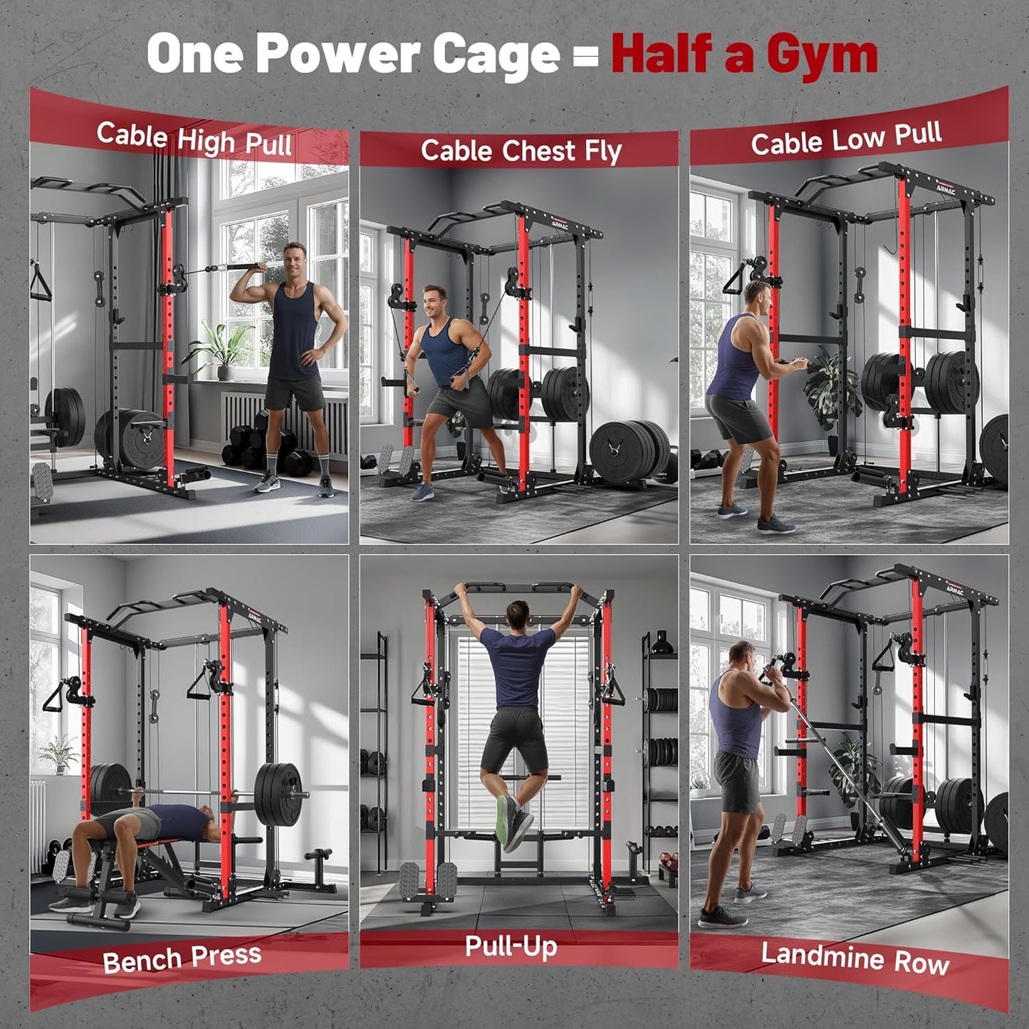 ARMAC Power Cage,Power Rack with LAT Pulldown,Multi-Function Training Attachments for Home Gym Fitnees Equipment,1500LBS