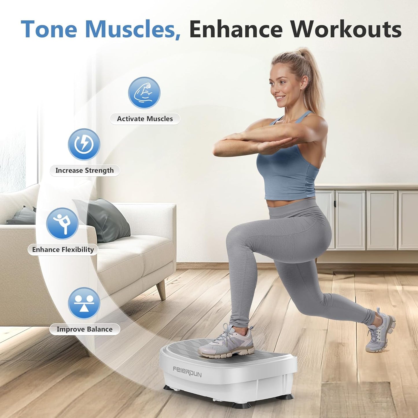FEIERDUN Vibration Plate Exercise Machine, Whole Body Workout Vibrate Platform, 9 Modes Vibration Plate for Lymphatic Drainage Weight Loss Shaping Toning Wellness