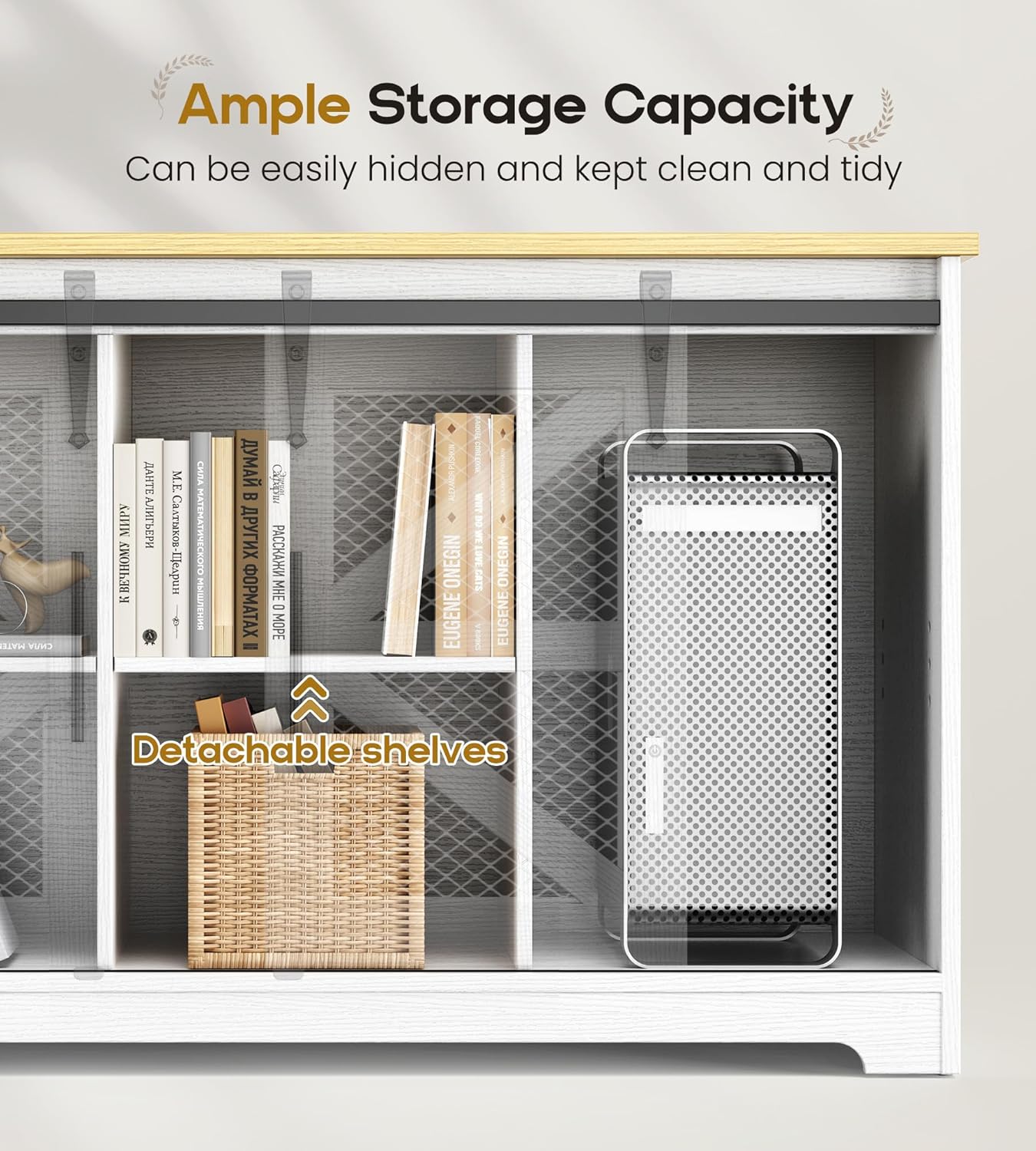Rustic Corner Desk with Storage, L Shaped Farmhouse Office Desk with Sufficient Storage Capacity, Built-in Power Socket and Barn Door Design
