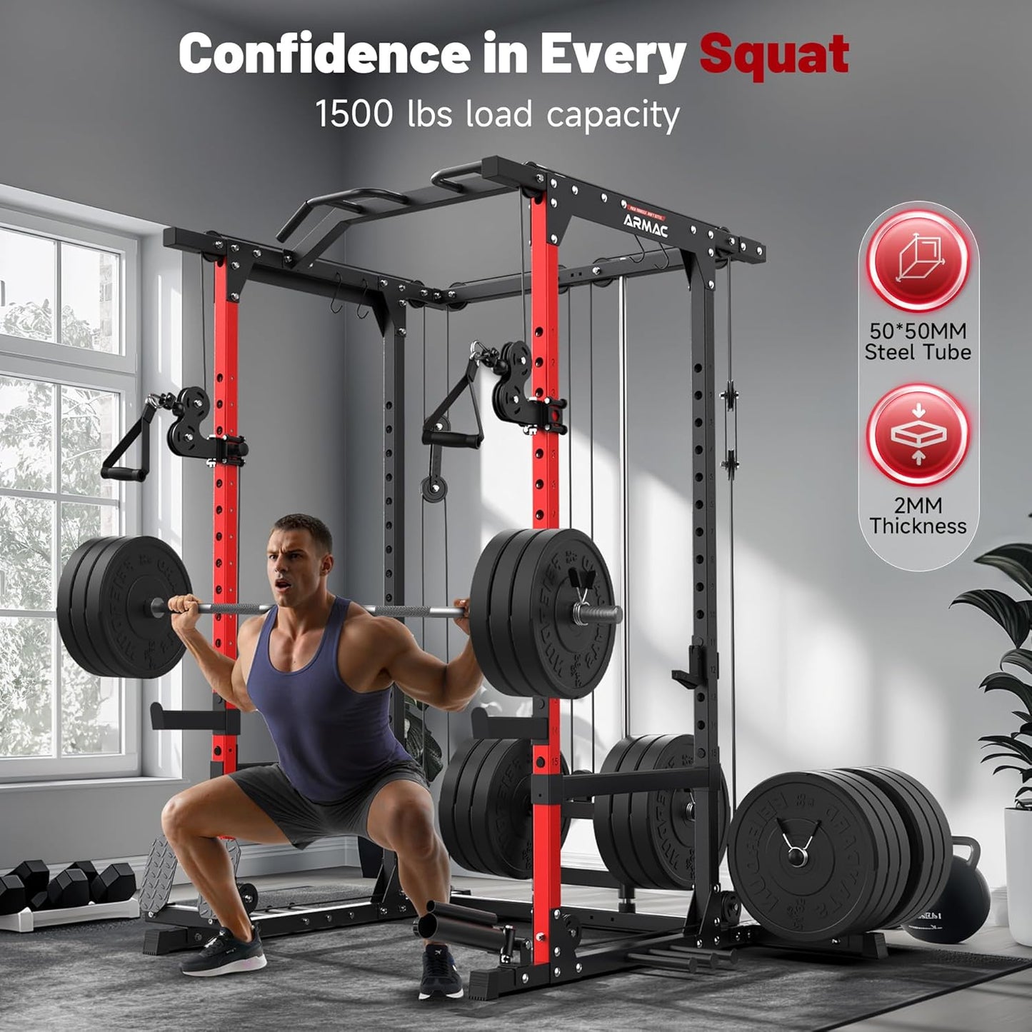 ARMAC Power Cage,Power Rack with LAT Pulldown,Multi-Function Training Attachments for Home Gym Fitnees Equipment,1500LBS
