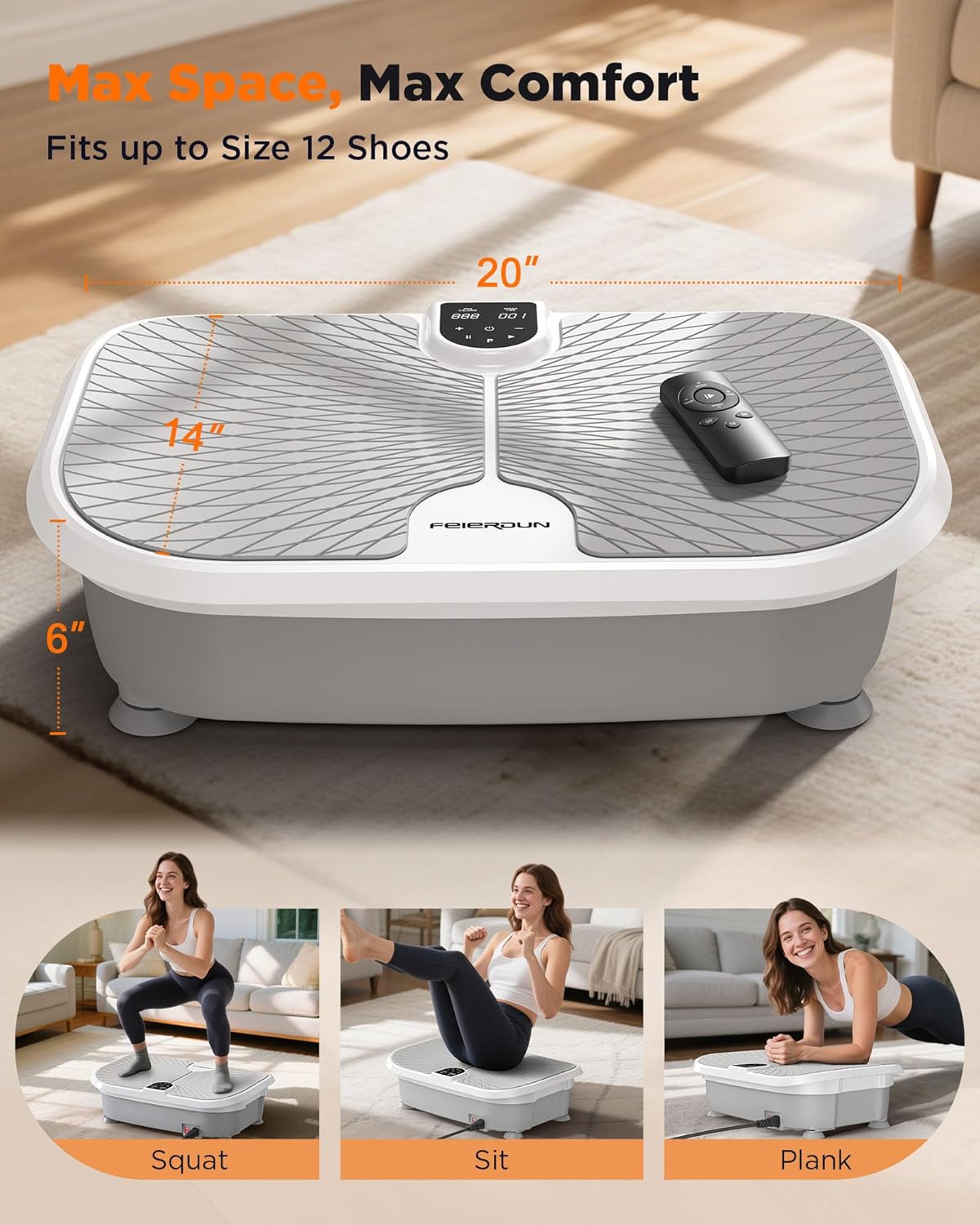 FEIERDUN Vibration Plate Exercise Machine, 400 LBS Capacity Vibration Plate for Lymphatic Drainage, Max Space for Whole-Body Workout & Relaxation at Home