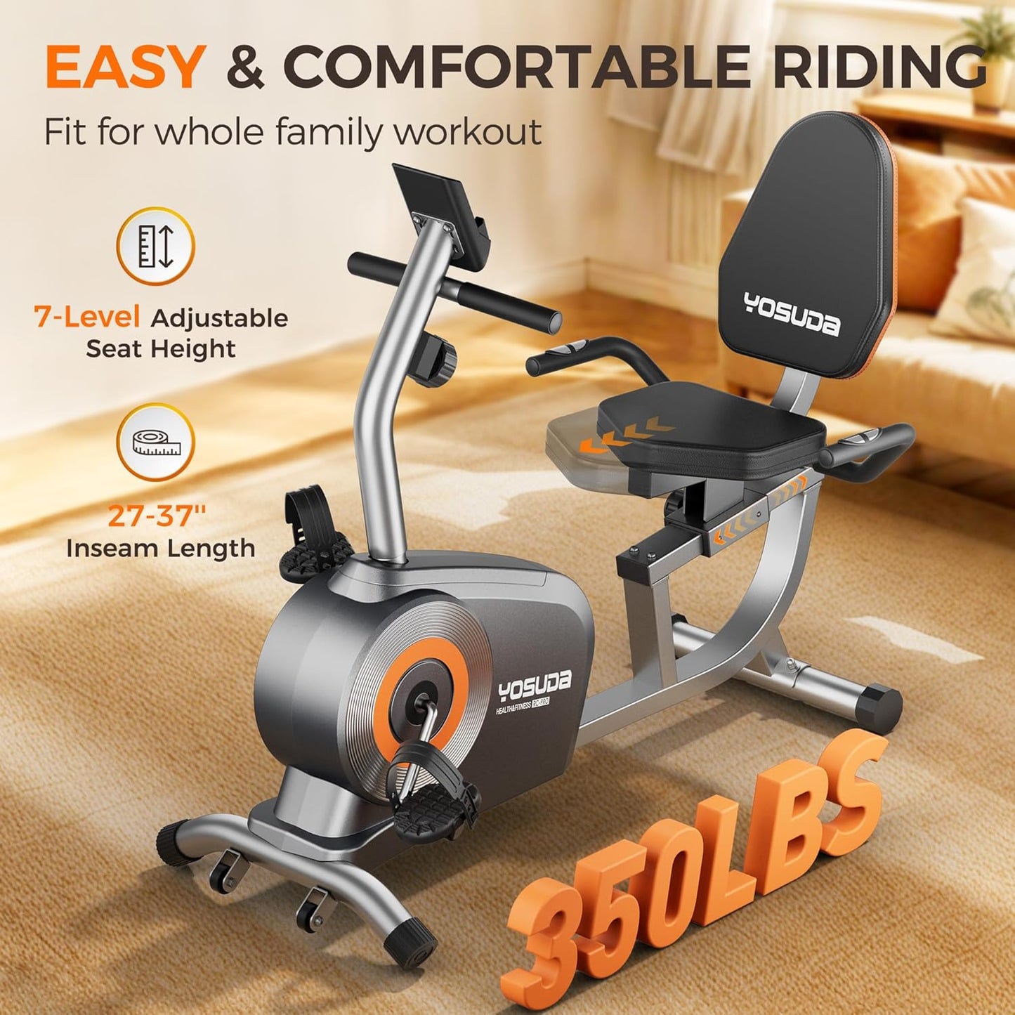 YOSUDA Recumbent Exercise Bike for Adults Seniors with Quick Adjust Seat, 350LB Capacity & 16-level Resistance