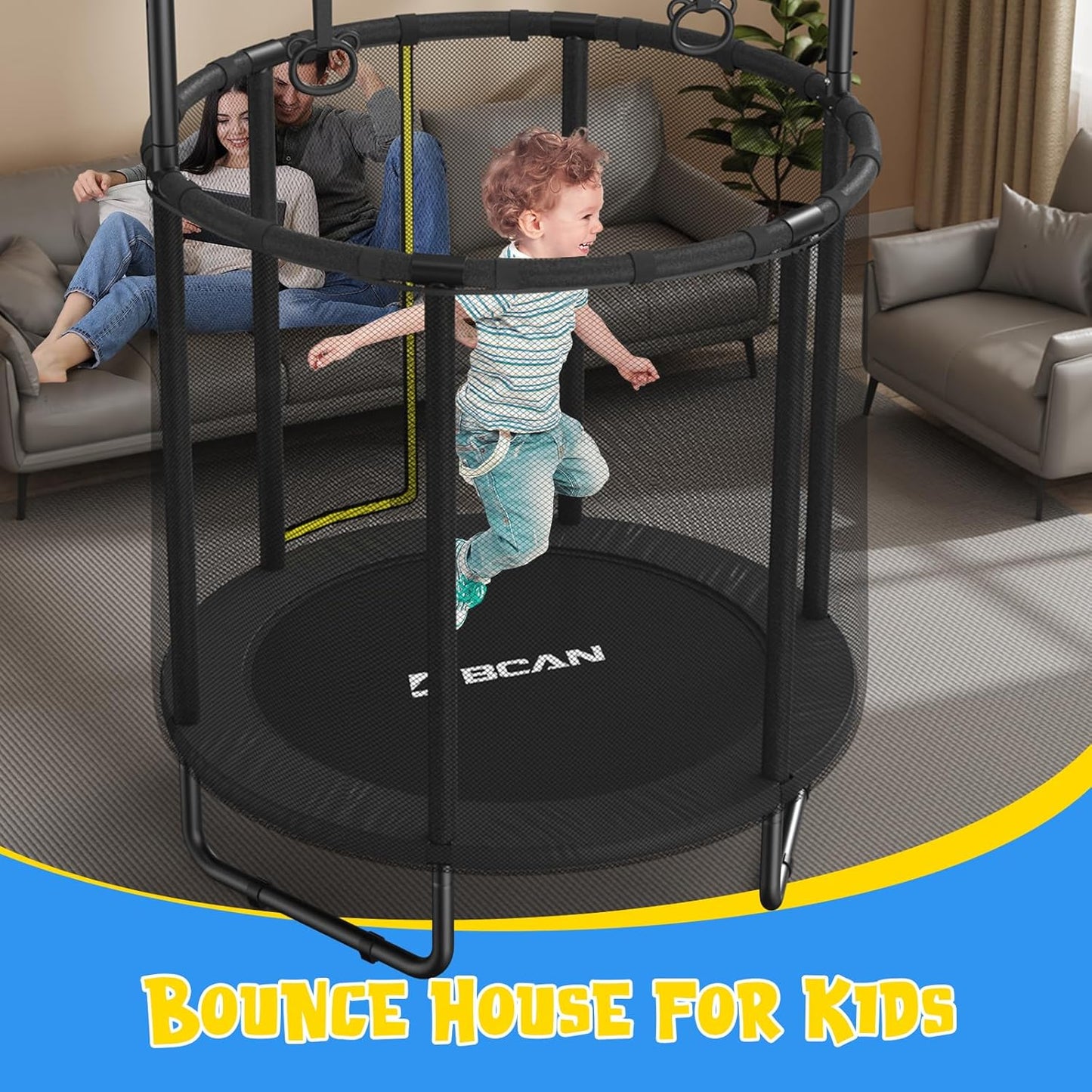 BCAN 55" Trampoline for Kids with Thickened Enclosure Net, Toddler Trampoline Indoor/Outdoor with Adjustable Gymnastics Bars & Basketball Hoop