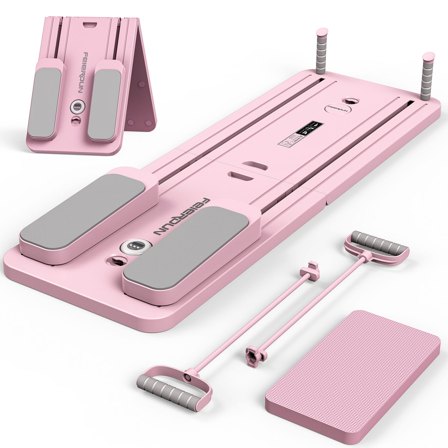 FEIERDUN 5 in 1 Folding Pilates Board, Pilates Reformer Set with 300 LBS Weight Capacity, Portable Home Pilates for Woman (Pink)