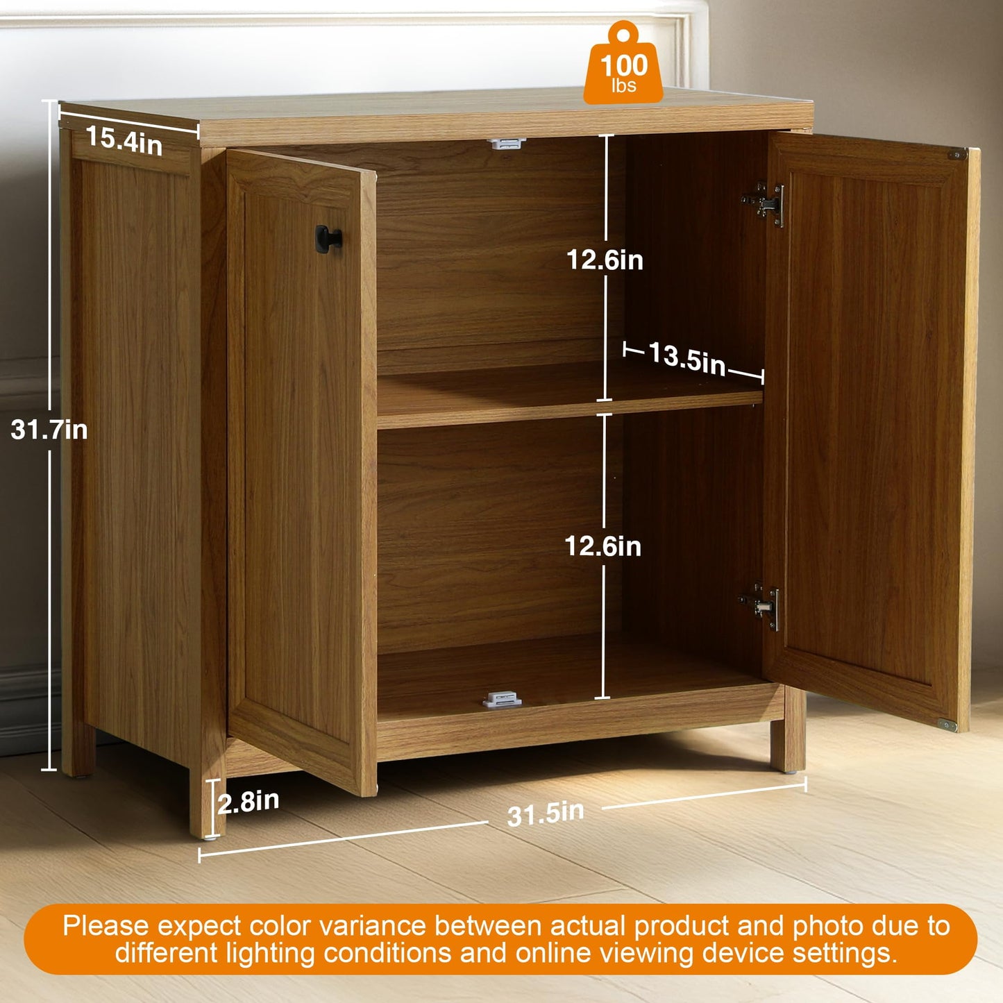 Buffet Cabinet Sideboard Pantry Kitchen Cabinet with Extra Thick MDF Panel Frame, Credenza Cabinet for Kitchen Living Room Entryway, Natural Walnut (2 Doors)