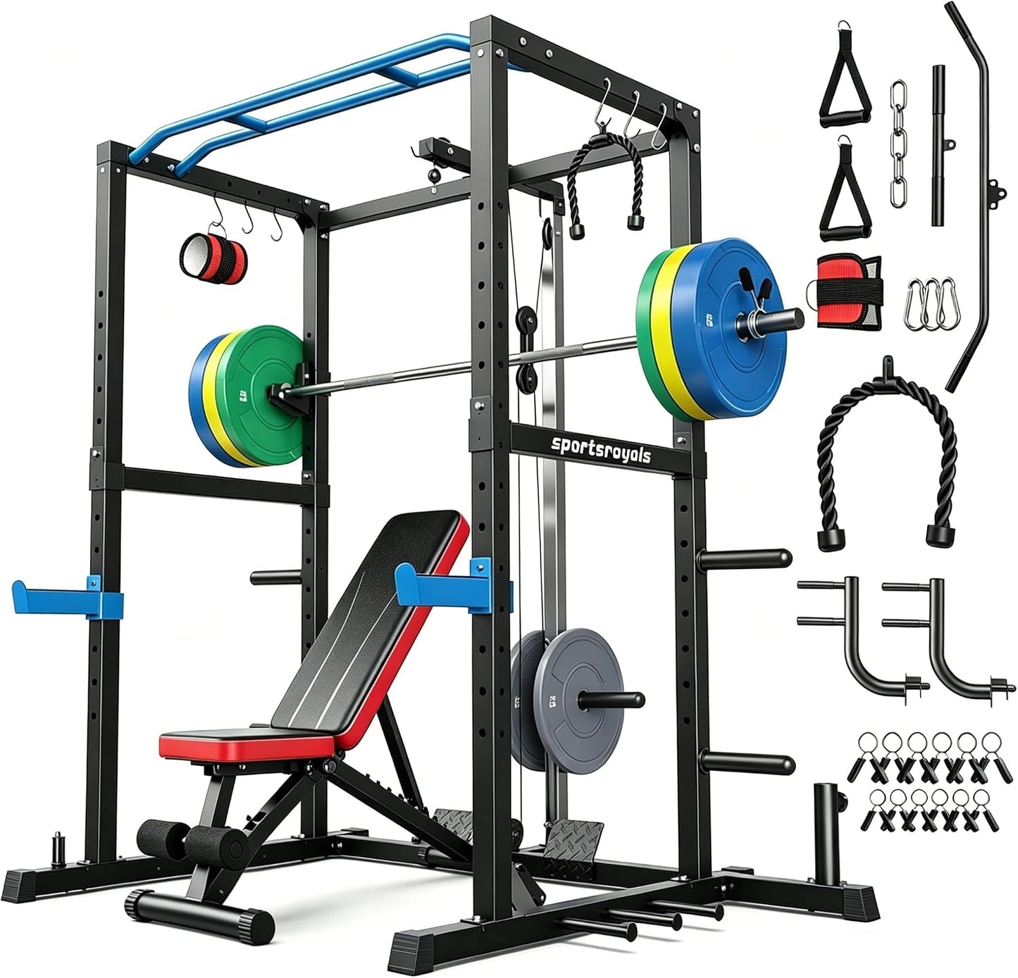 SPORTSROYALS Power Rack, Multi-Functional Power Cage, Squat Rack with Pulley System & LAT Pull Down, Workout Cage with J Hooks for Home Gym