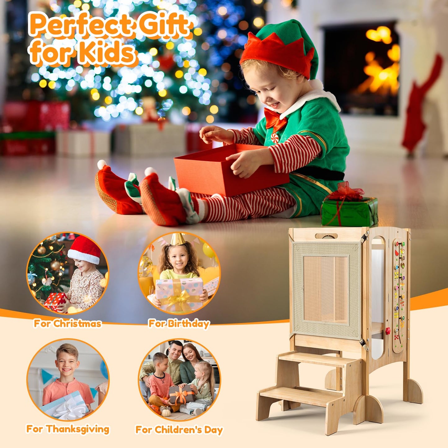 KOLIGEY Foldable Toddler Tower, Kitchen Stool Helper with 2 Step Stool, Toddler Standing Tower for Kids with Safety Net, Adjustable Height