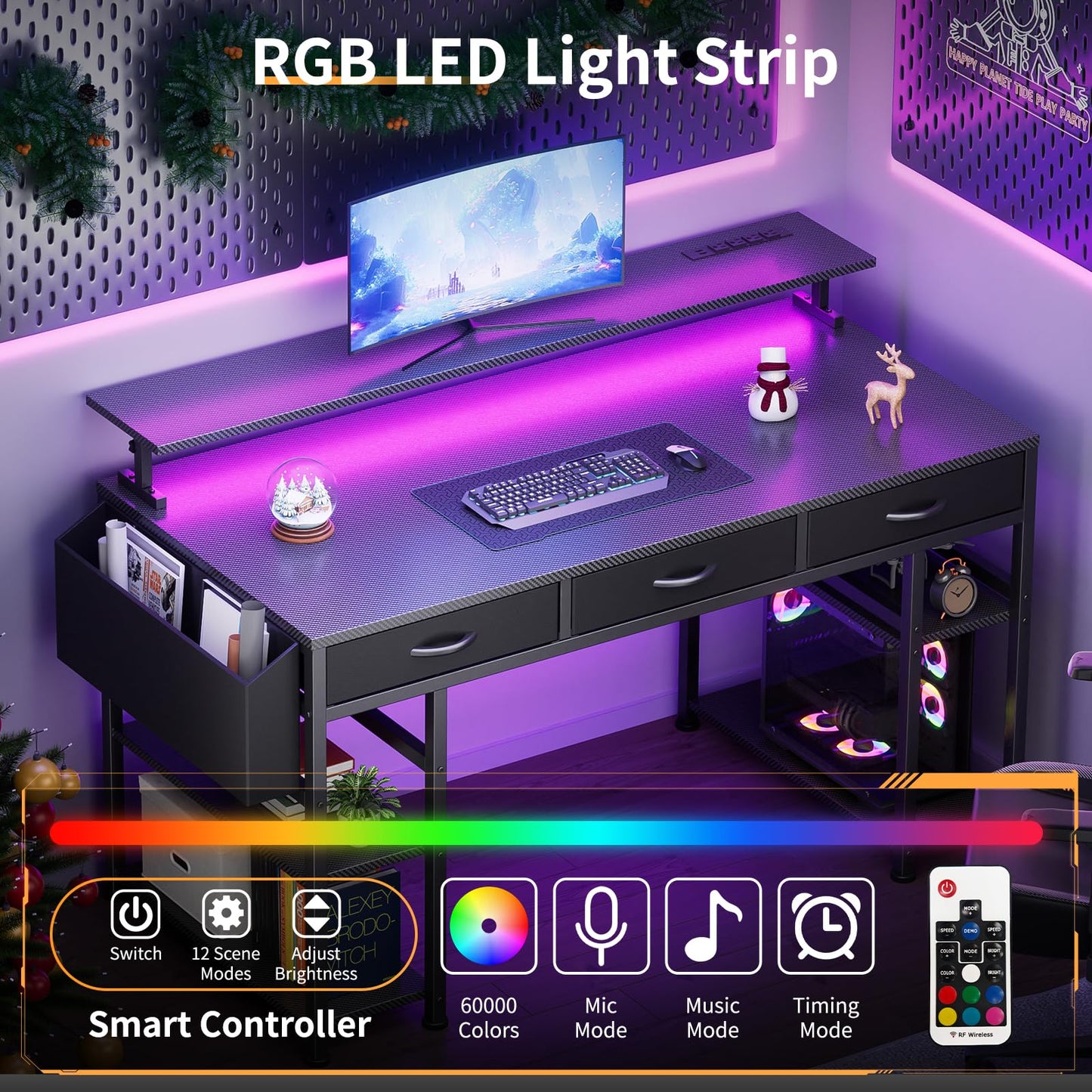 KOLIGEY Black Gaming Desk with LED Lights and Power Outlets, 55 Inch Computer Desk with 3 Drawers and Adjustable Monitor Stand