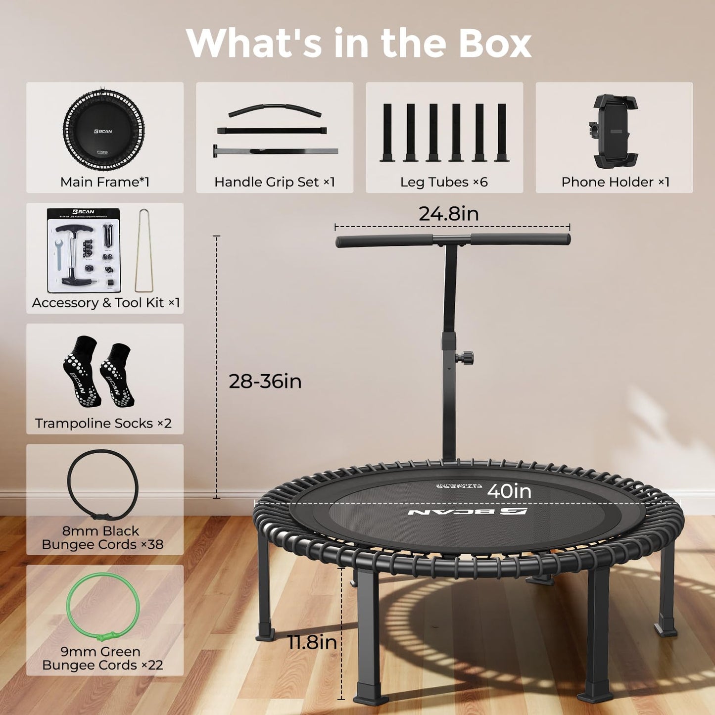 BCAN 40" Soft Land Pro Fitness Rebounder Trampoline, 400 lb Capacity, Adjustable Tension Bungees, Quiet Indoor Cardio w/Handle, Phone Holder & 2 Pairs Socks