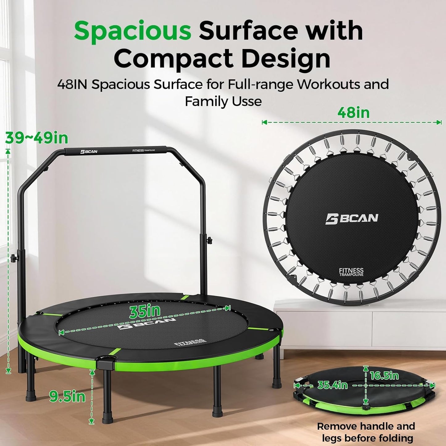 BCAN 48" Foldable Trampoline, Rebounder Trampoline for Adults, U Adjustable Handle