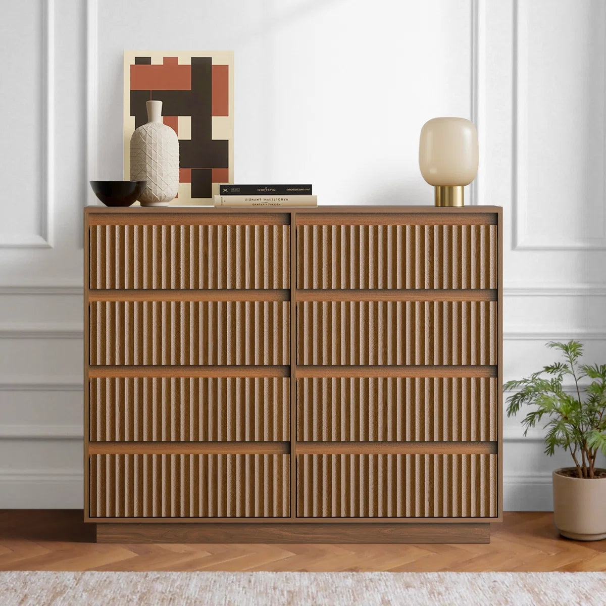 KOLIGEY 6-Drawer Dresser 47"W Double Brown Dresser With Waveform Fluted Panel