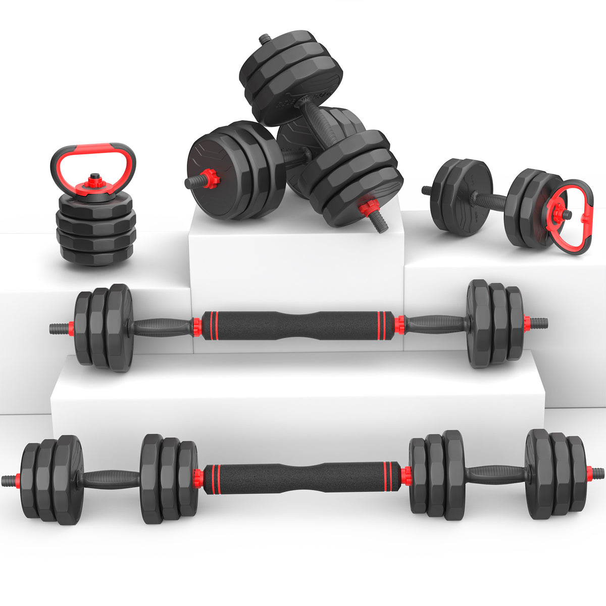 FED FITNESS 55/70/90 LBS Adjustable Dumbbell Set, 5-in-1 Free Weight Set with Barbell Connector, Kettlebell, Push-Up Stand and Weight Plates for Home Gym Use