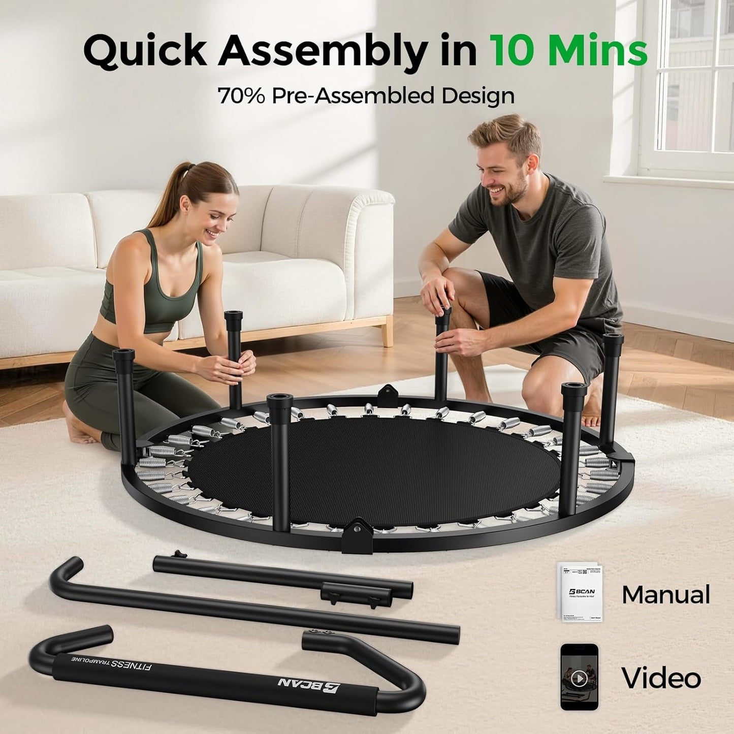 BCAN 40" Foldable Mini Trampoline, Rebounder Trampoline for Adults,  Adjustable Handle, Exercise Rebounder for Adults Indoor/Garden Workout, Max Load 330lbs