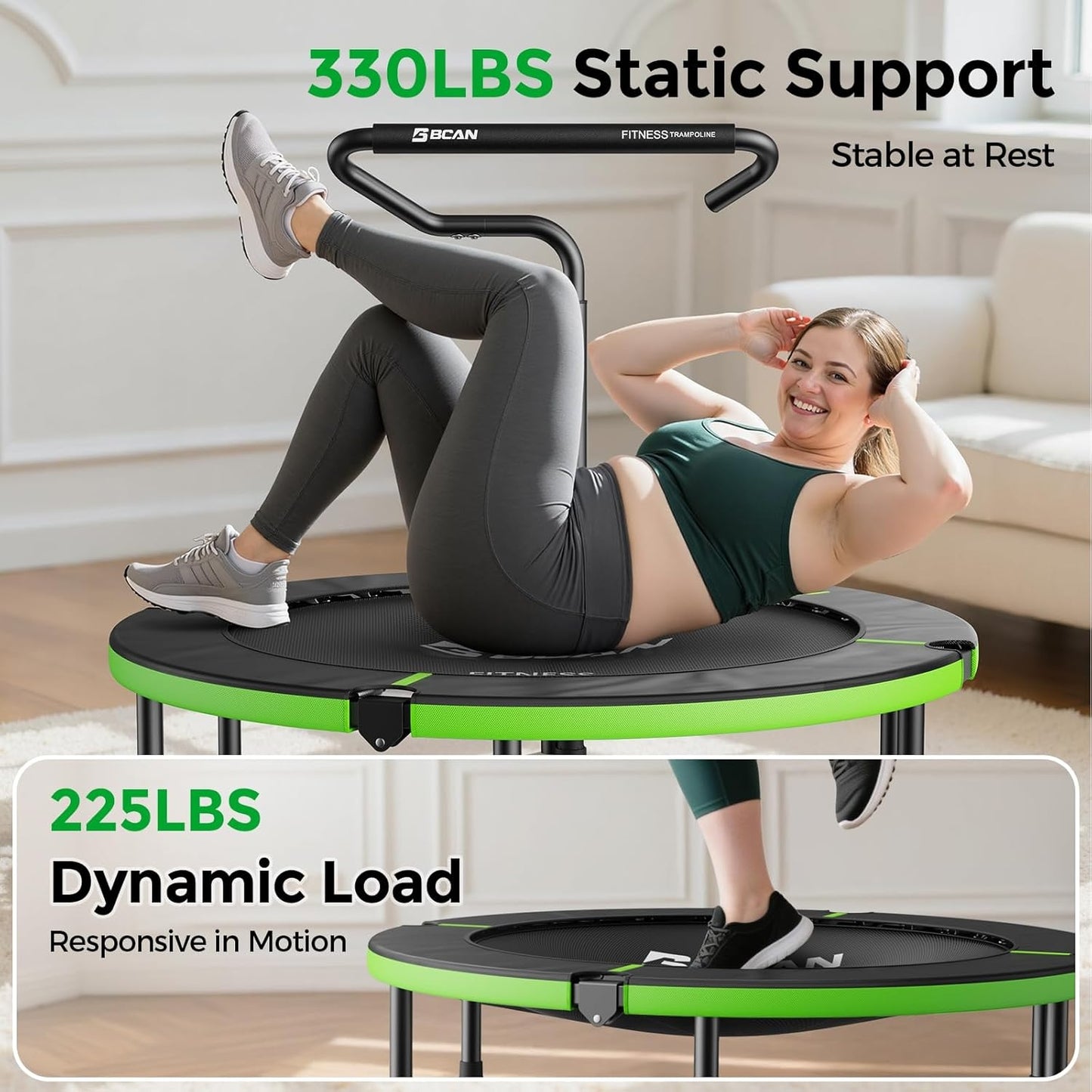 BCAN 40" Foldable Mini Trampoline, Rebounder Trampoline for Adults,  Adjustable Handle, Exercise Rebounder for Adults Indoor/Garden Workout, Max Load 330lbs