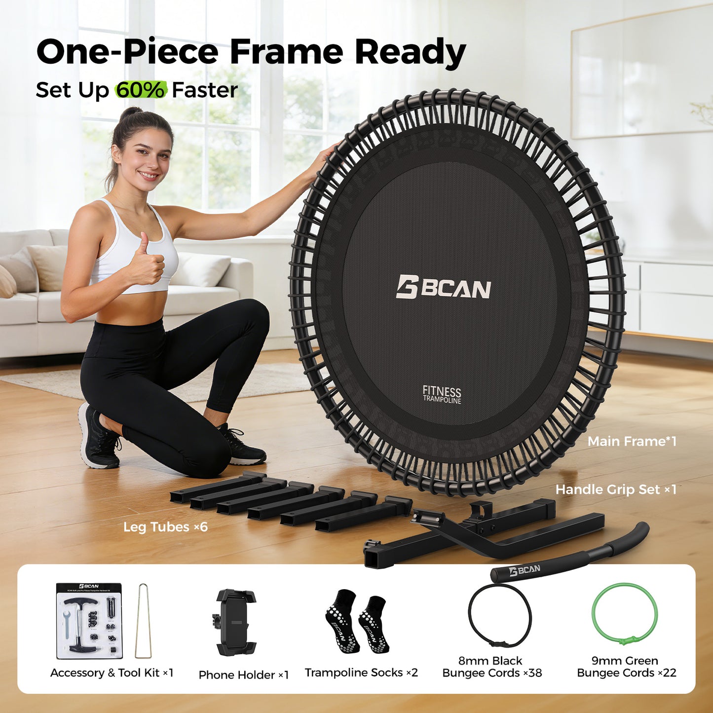 BCAN 40"/48" Soft Land Pro Fitness Rebounder Trampoline, 500 lb Capacity, Adjustable Tension Bungees