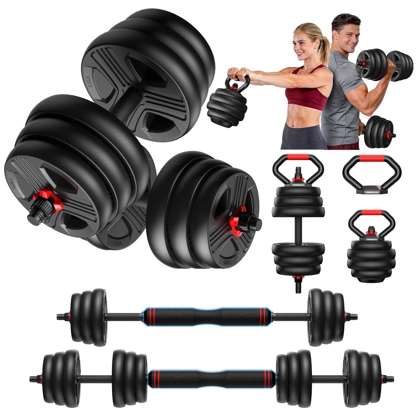 FED FITNESS Adjustable Dumbbells, 35lbs Free Weight Set with Connector, 5 in1 Dumbbells Set as Barbell, Kettlebells,Fitness Exercises for Home Gym