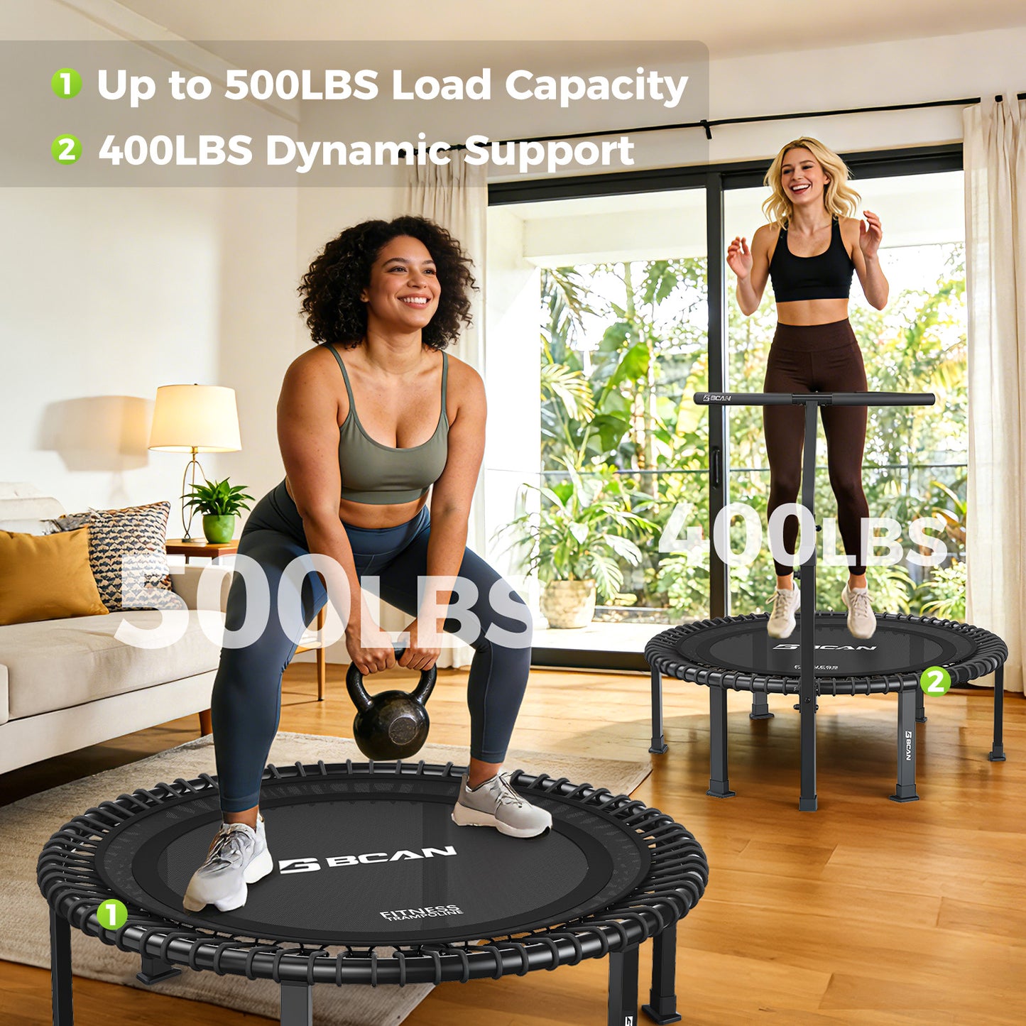 BCAN 40"/48" Soft Land Pro Fitness Rebounder Trampoline, 500 lb Capacity, Adjustable Tension Bungees