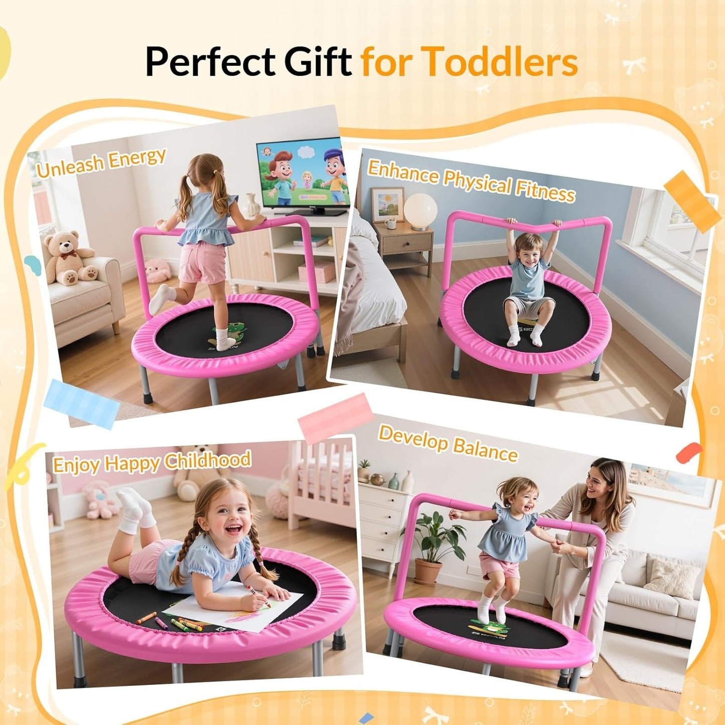 BCAN 36'' Toddler Trampoline - Kids Trampoline for Ages 1-6, Foam Handle & Safe Thickened Cover