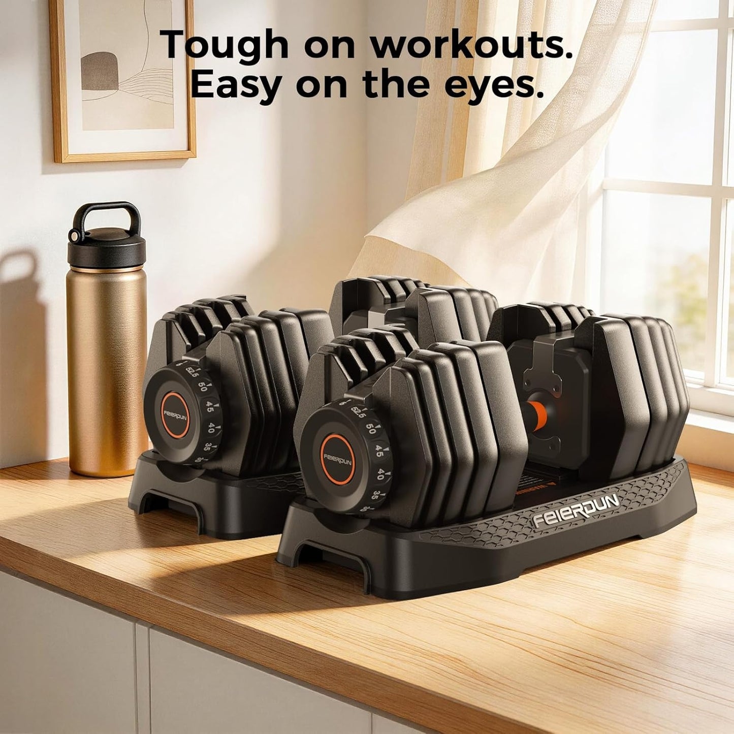 FEIERDUN 15-in-1 Adjustable Dumbbell Set, 5-52.5 lbs Each, 1-Second Quick Change, with Storage Box & App – Ideal for Drop Set, Superset, HIIT Home Gym, Non-Slip Handles