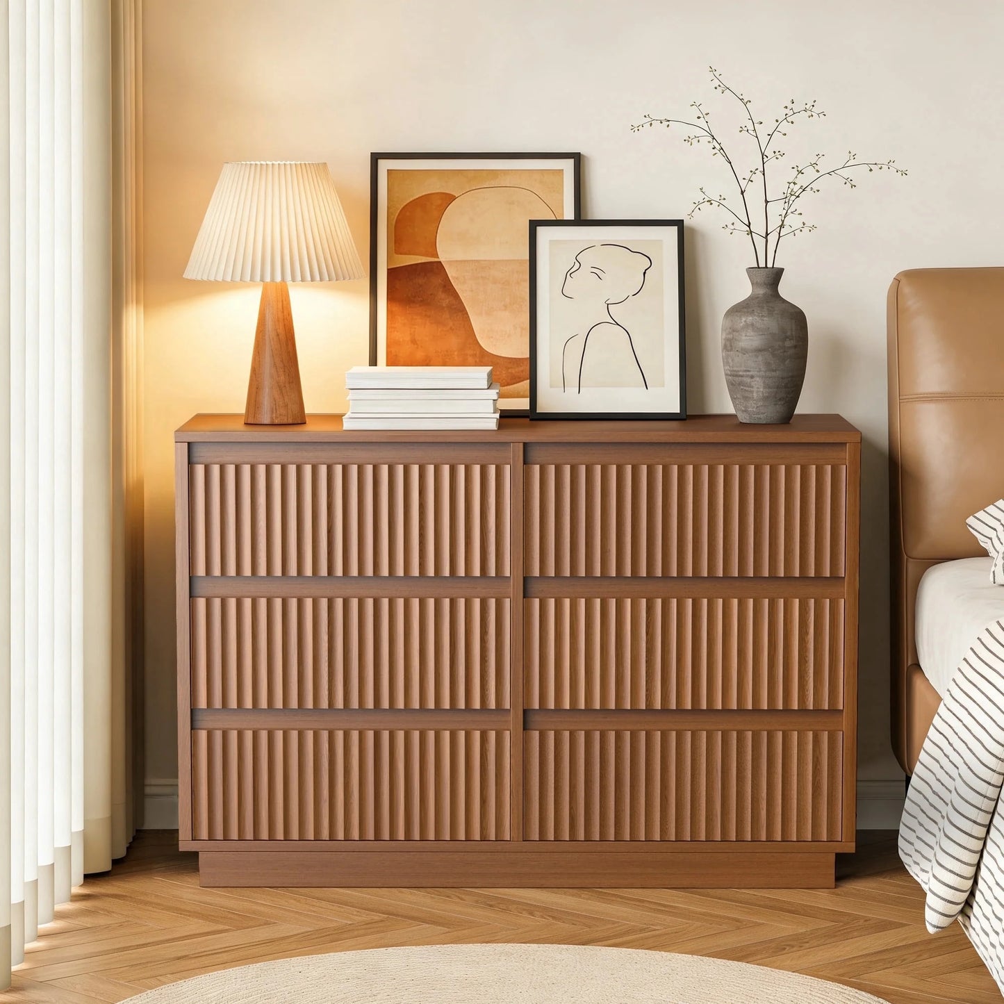 KOLIGEY 6-Drawer Dresser 47"W Double Brown Dresser With Waveform Fluted Panel