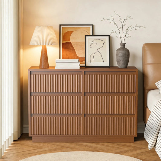 KOLIGEY 6-Drawer Dresser 47"W Double Brown Dresser With Waveform Fluted Panel