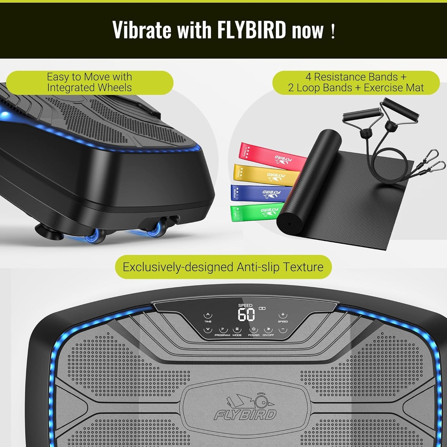 FLYBIRD Vibration Plate Exercise Machine, Adjustable Speed High Intensity Vibration for Muscle Toning Weight Loss Lymphatic Drainage, Full Body Workout Vibration Plate