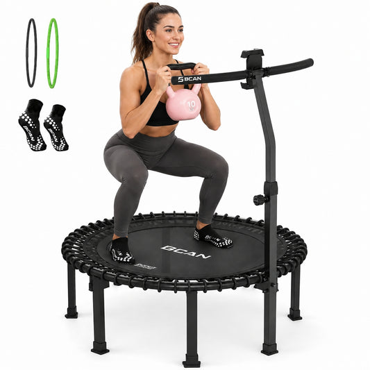 BCAN 38" Soft Land Pro Fitness Rebounder Trampoline, 400 lb Capacity, Adjustable Tension Bungees, Quiet Indoor Cardio w/Handle, Phone Holder & 2 Pairs Socks