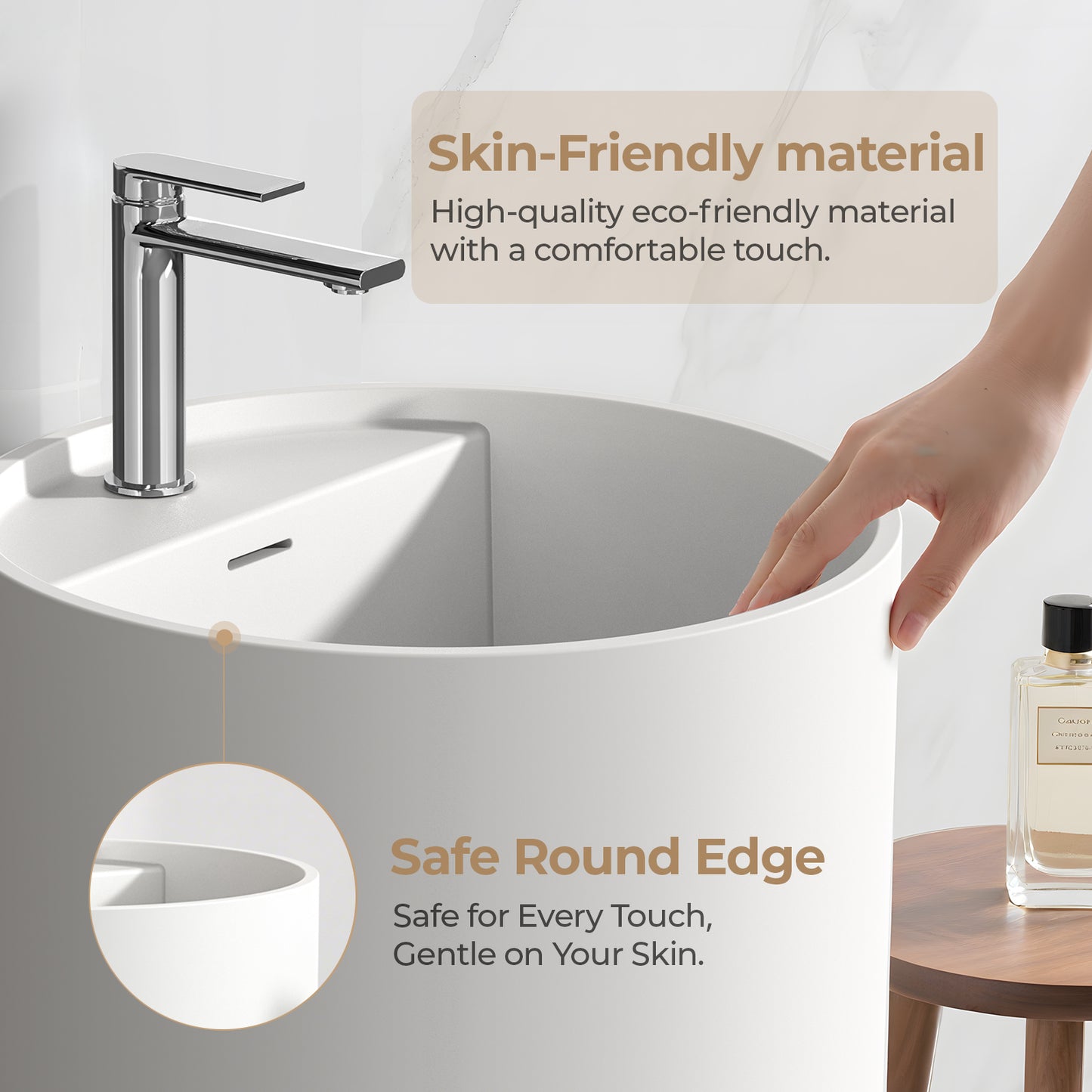 KOLIGEY 33.5'' Tall Solid Surface Circular Pedestal Bathroom Sink, Modern Pedestal Sink with Overflow B040