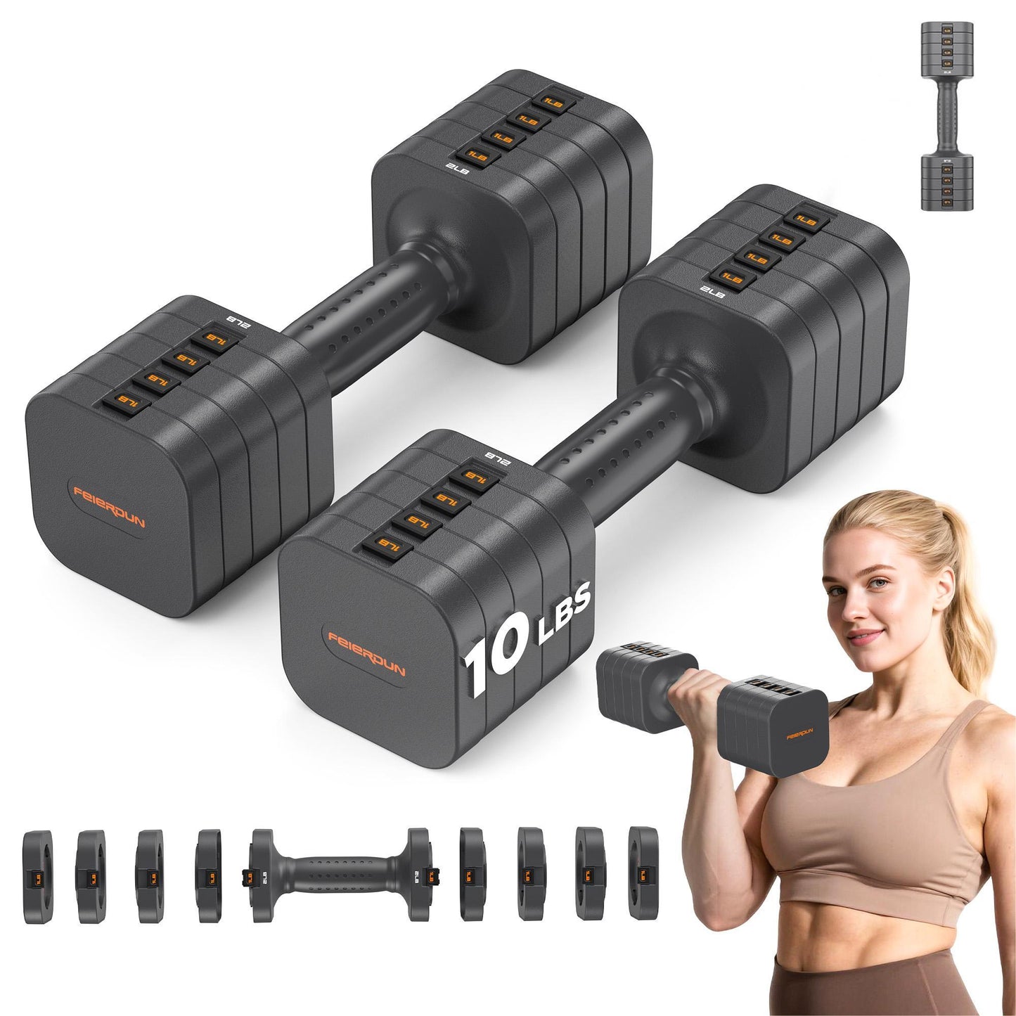 FEIERDUN 5-in-1 Adjustable Dumbbell Set of 2, 20LBS/10LBS Hand Weights for Women, 1s-Adjust Dual-Stable Dumbbell Set for Women Home Gym & Outdoor