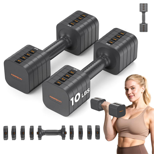 FEIERDUN 5-in-1 Adjustable Dumbbell Set of 2, 20LBS/10LBS Hand Weights for Women, 1s-Adjust Dual-Stable Dumbbell Set for Women Home Gym & Outdoor